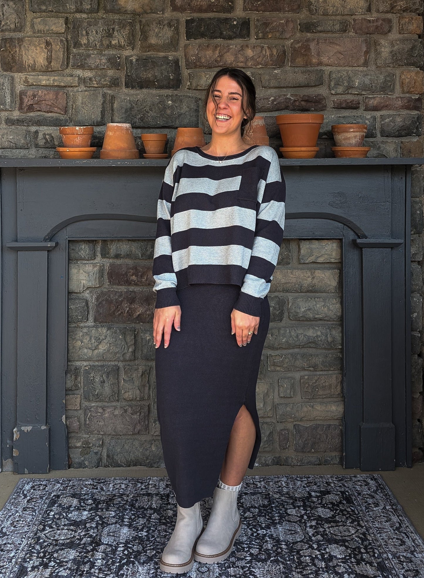 'Suzanne' Stripe Sweater Top in Charcoal