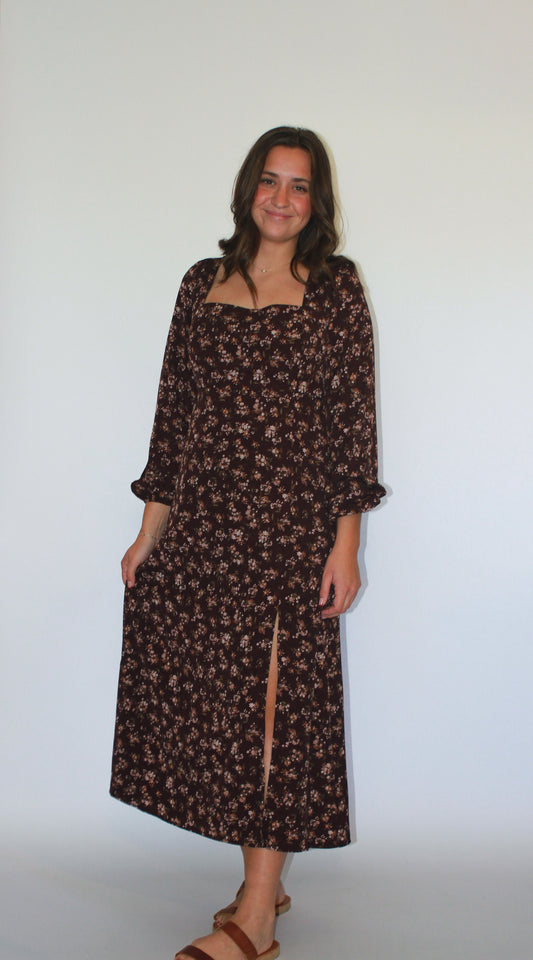 'Rosalie' Square Neck Midi Dress in Dark Burgundy