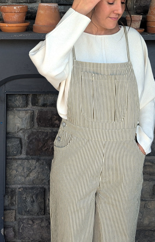 'Prescott' Stripe Overalls in Olive Green