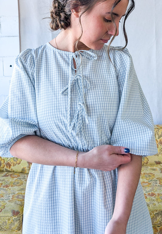 'Emerson' Gingham Print Mid Dress in Soft Blue