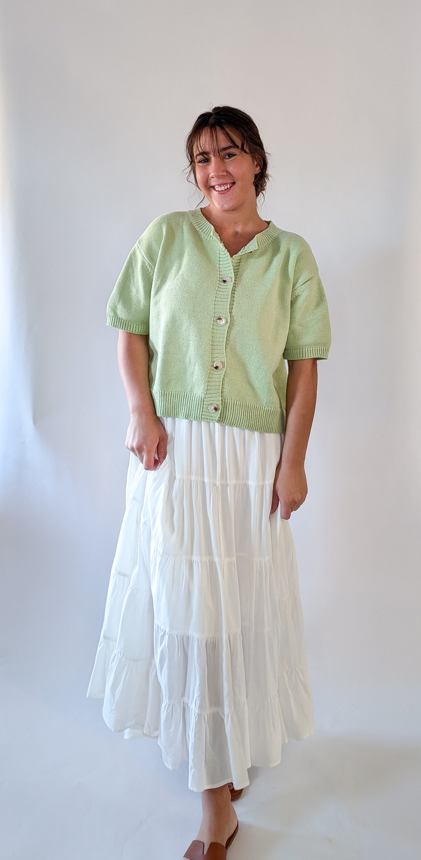 'Mae' Short Sleeve Cardigan in Light Green