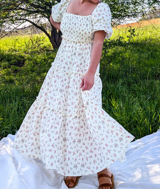 'Rose' Cotton Tiered Maxi Dress in Ivory
