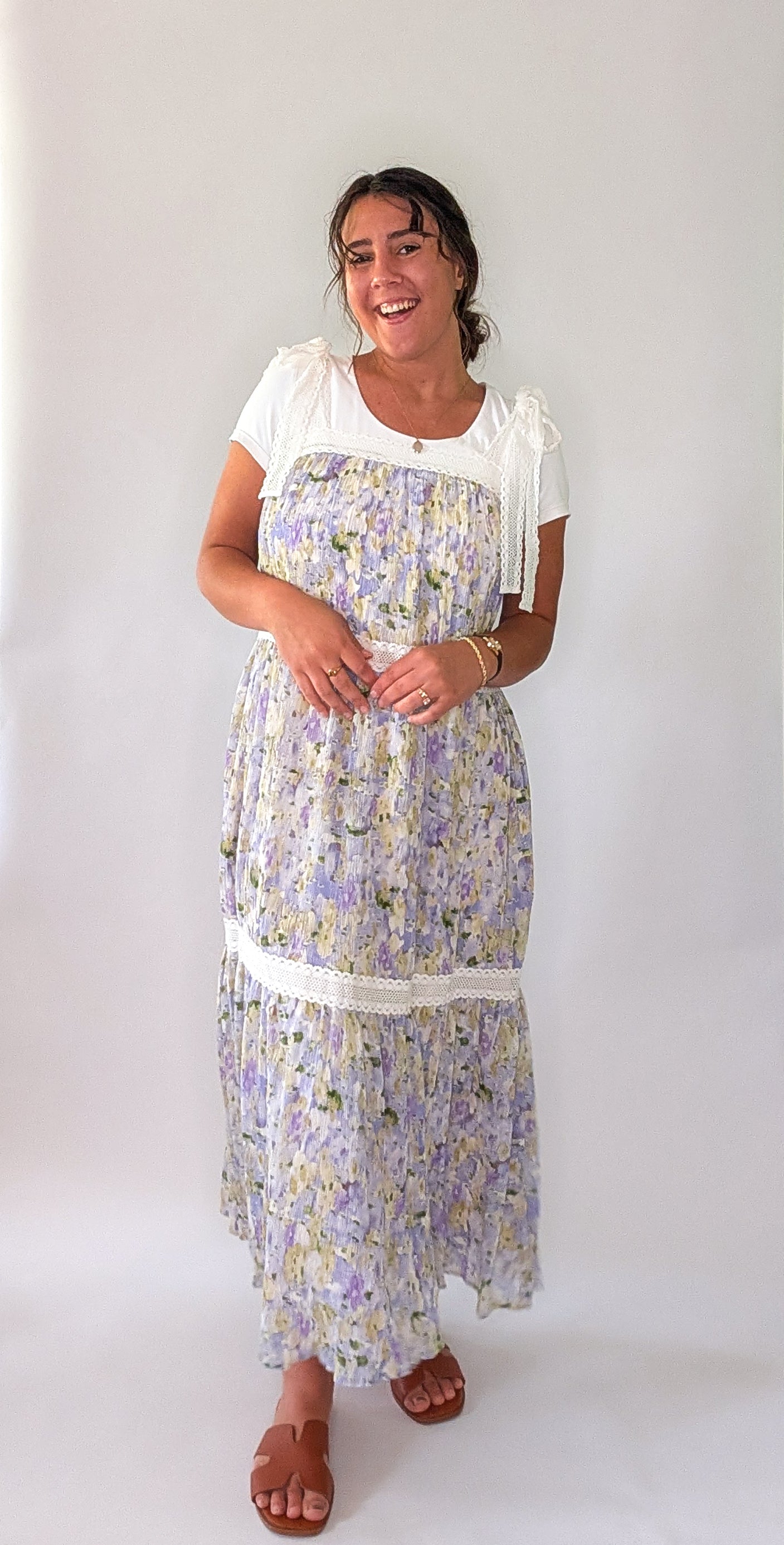 'Nora' Floral Print Jumper Dress in Lavender