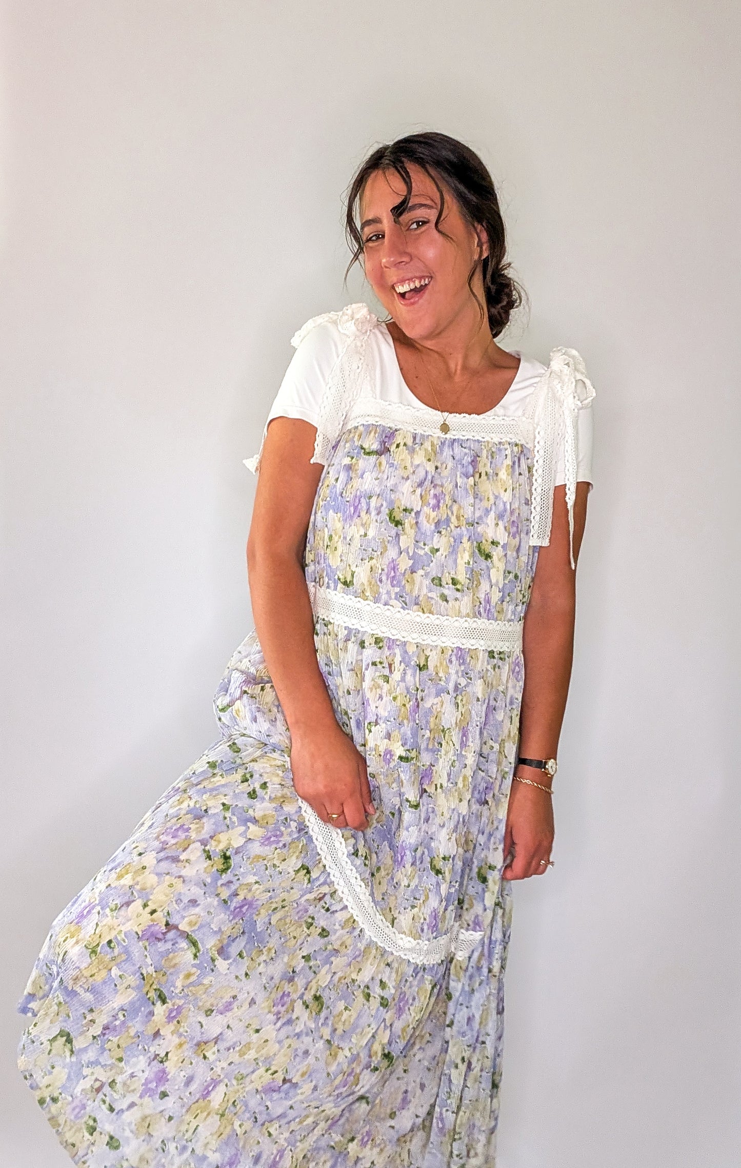 'Nora' Floral Print Jumper Dress in Lavender