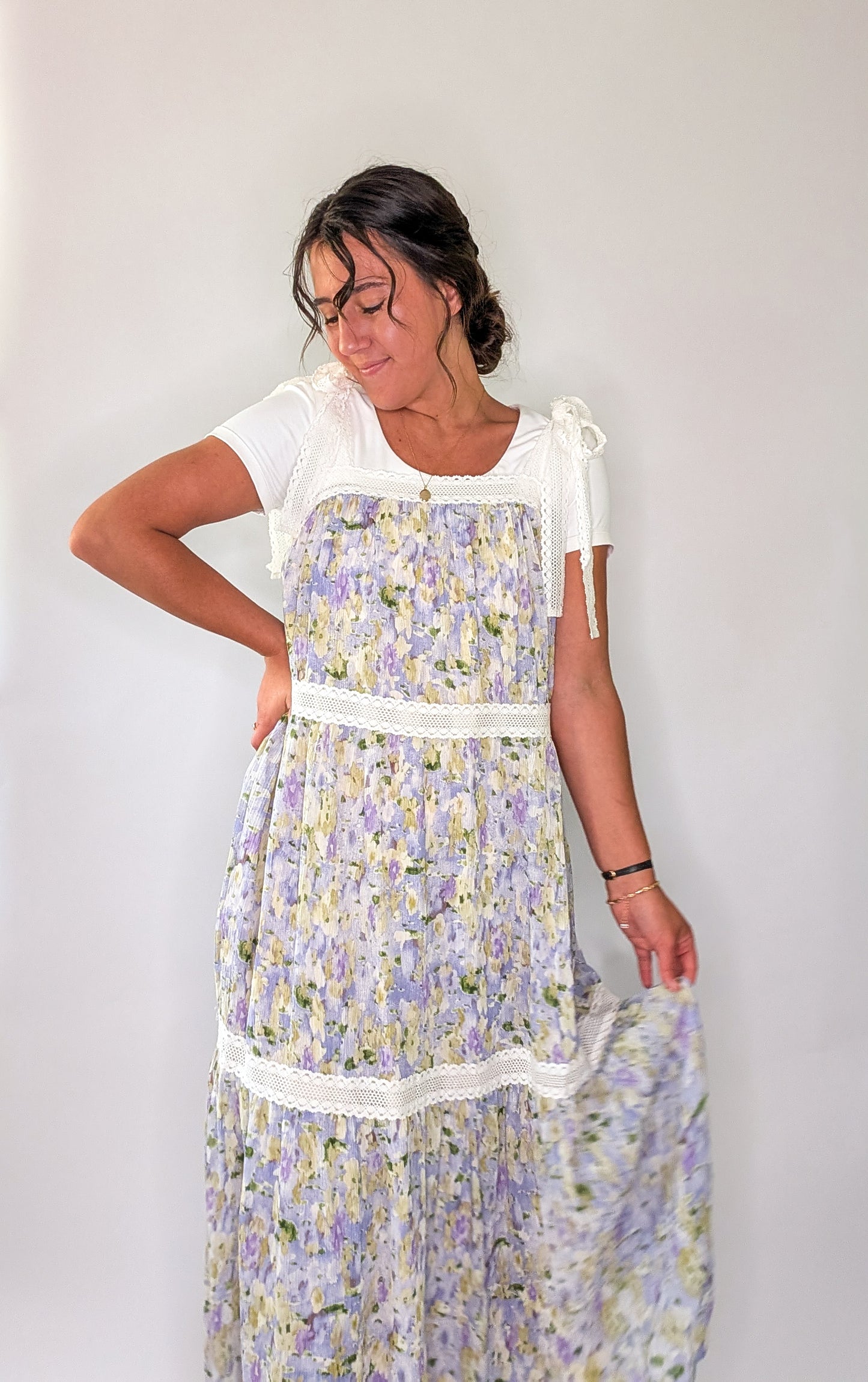 'Nora' Floral Print Jumper Dress in Lavender