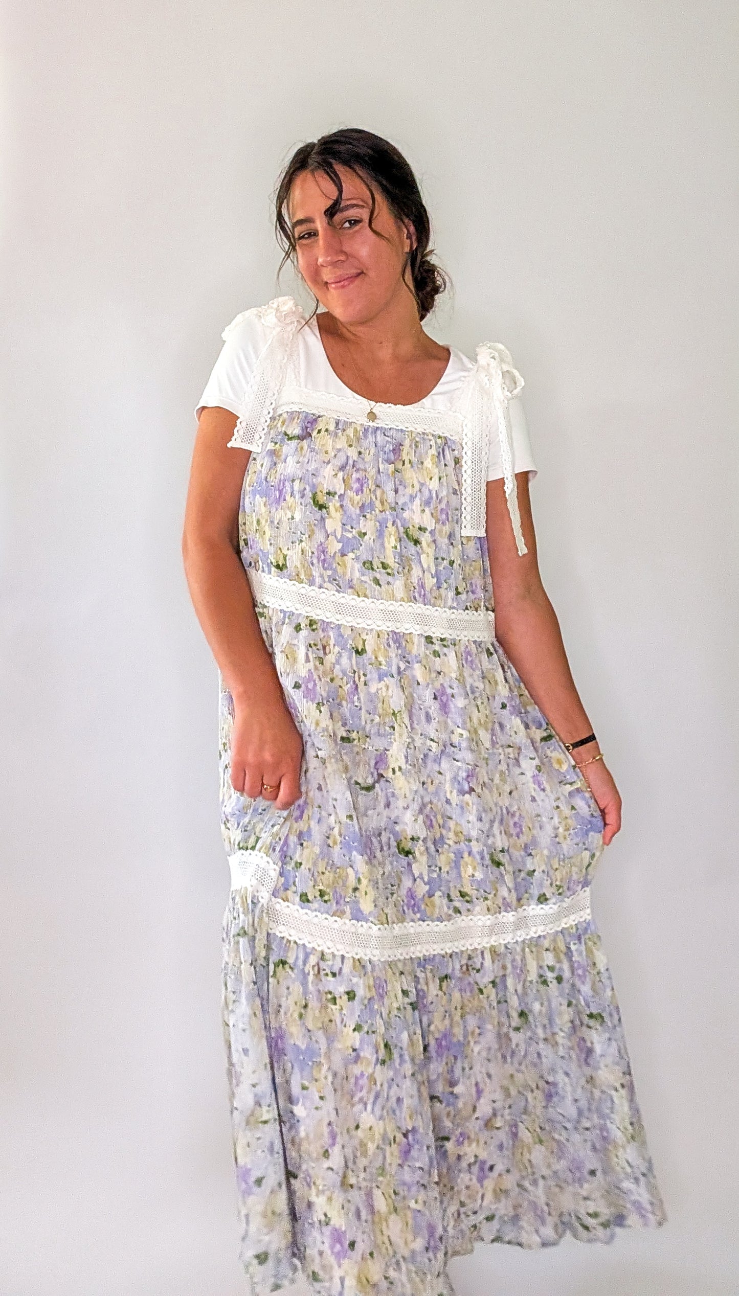 'Nora' Floral Print Jumper Dress in Lavender