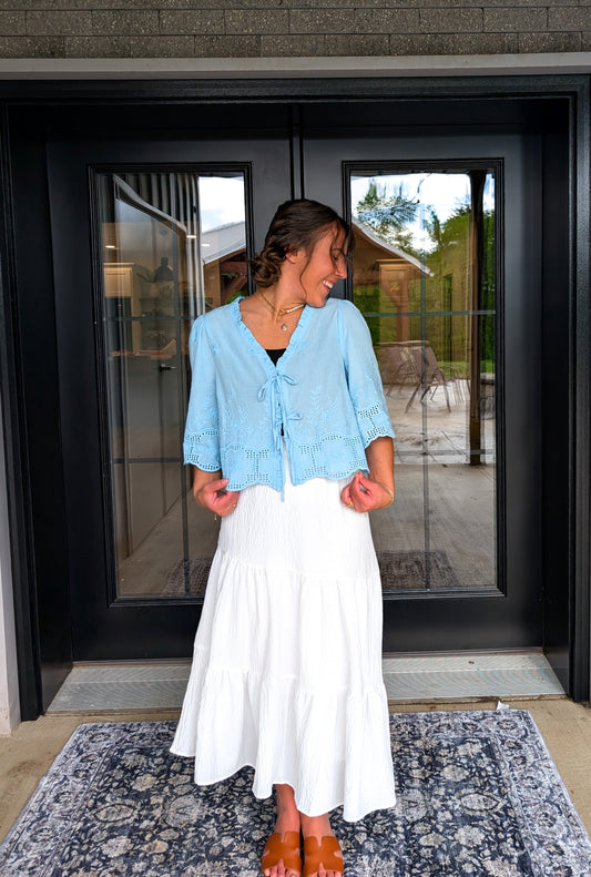 The 'Annie' Cotton Tie Top in Blue