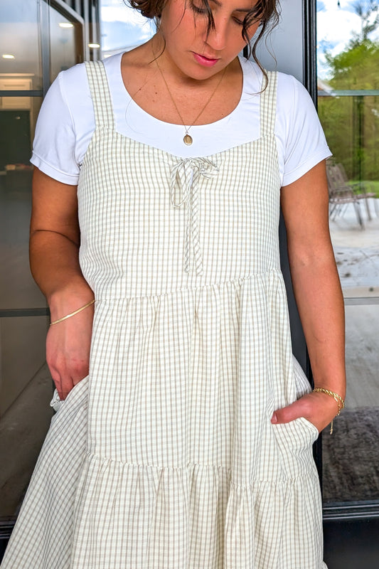 'Margot' Gingham Maxi Dress in Beige