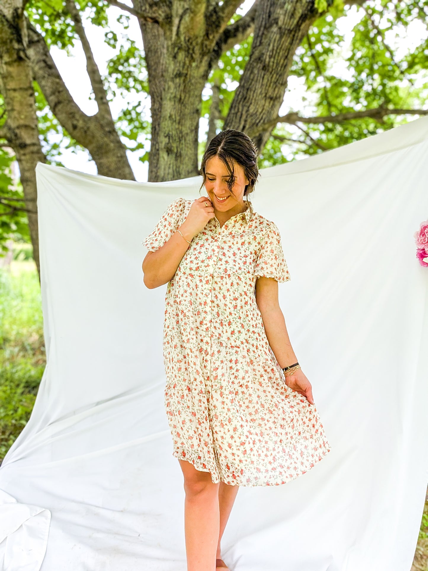 'Tessa' Button Down Midi Dress in Cream