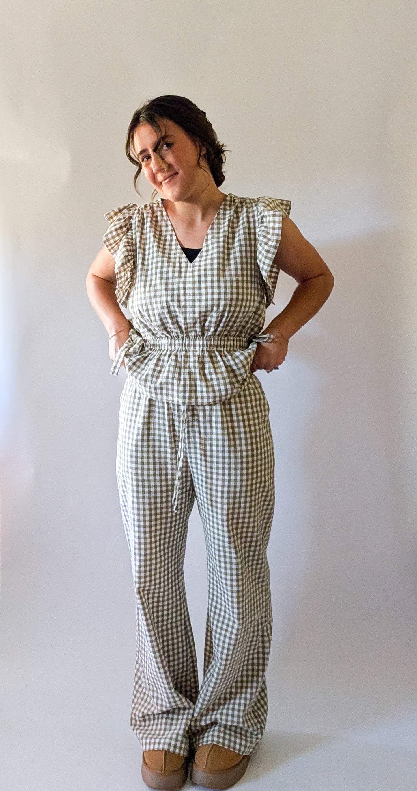 'Portland' Gingham Flair Pants in Olive