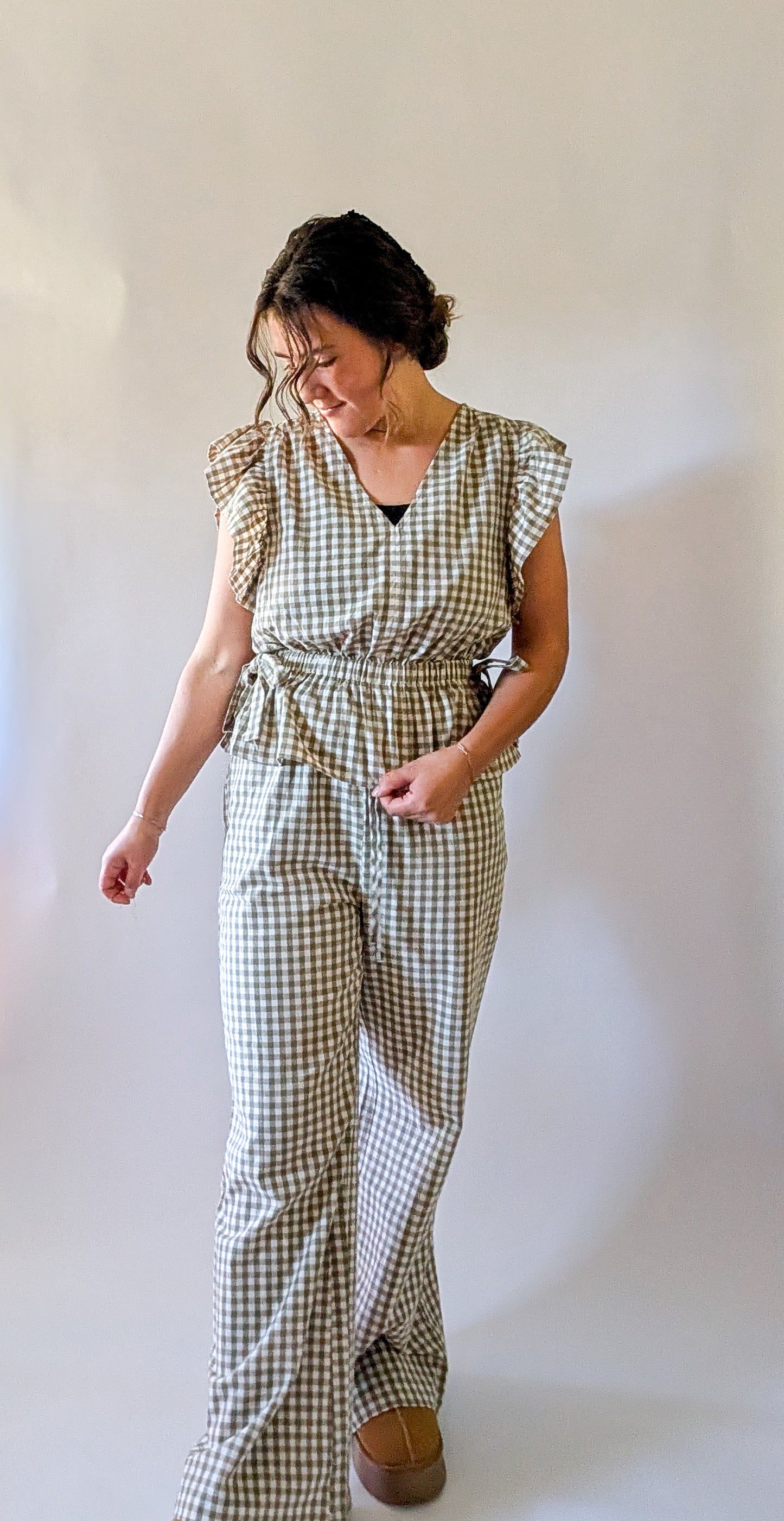 'Portland' Gingham Flair Pants in Olive