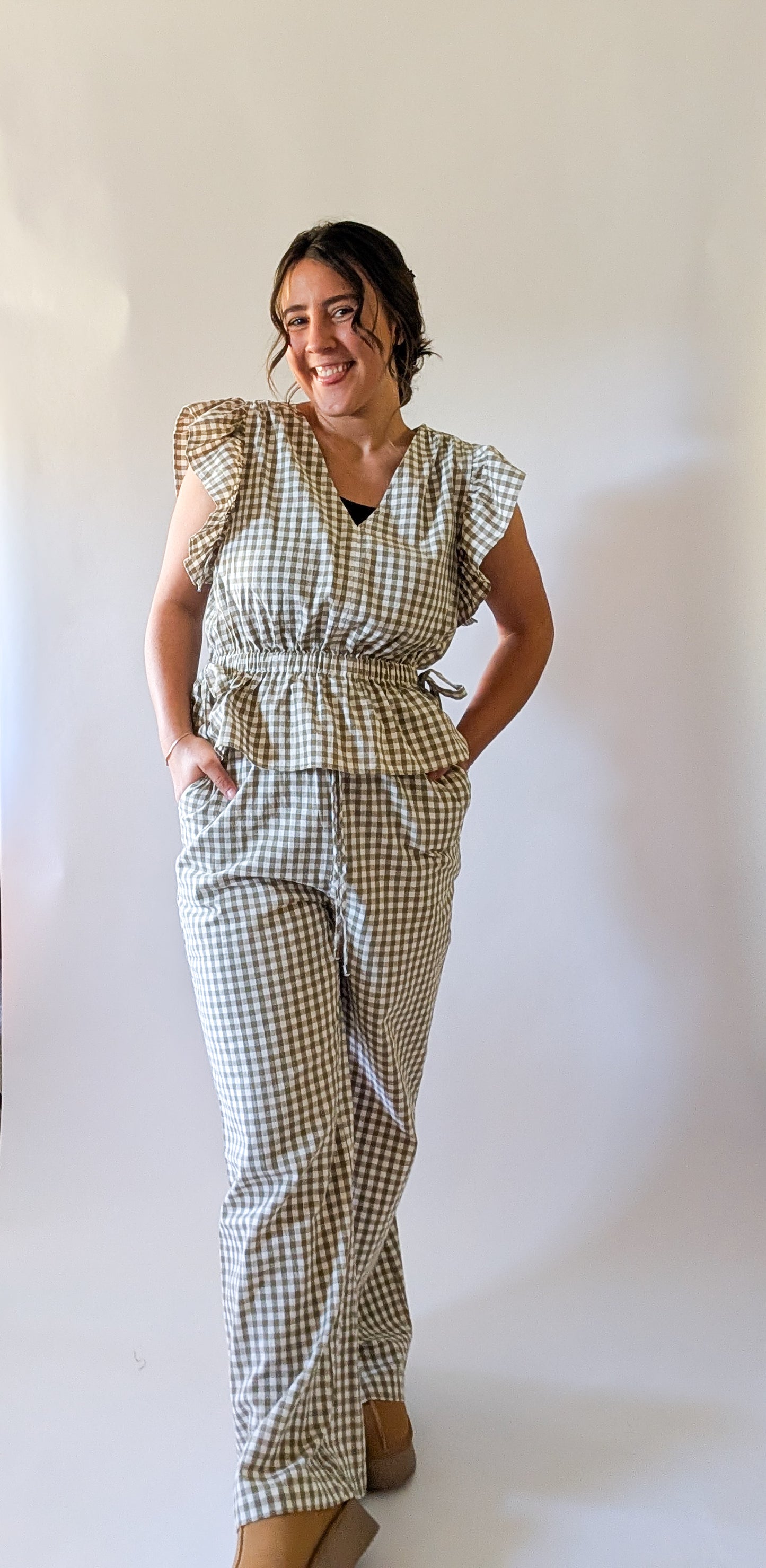 'Portland' Gingham Flair Pants in Olive