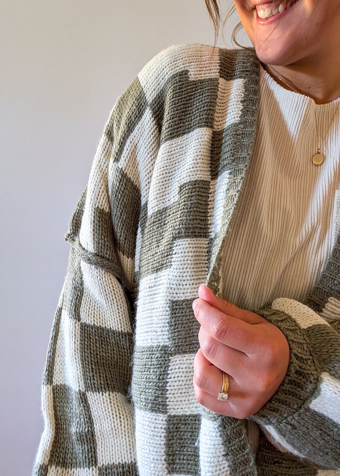 'Lauren' Checkered Cardigan in Olive