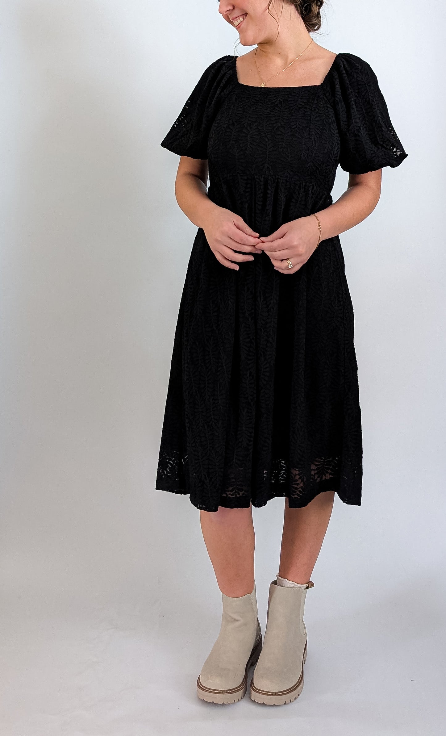 'Elowen' Square Neck Midi Dress in Black