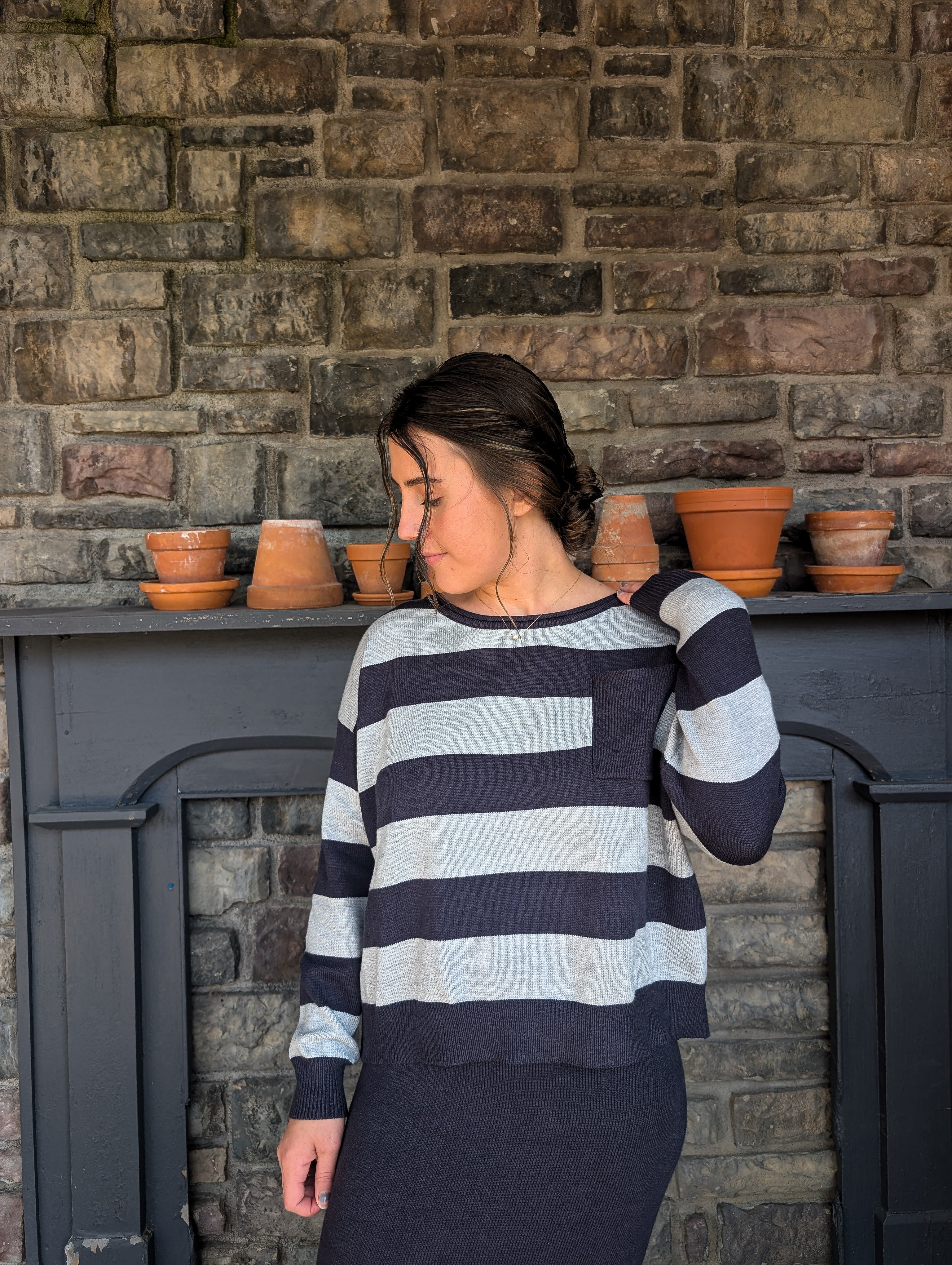 'Suzanne' Stripe Sweater Top in Charcoal