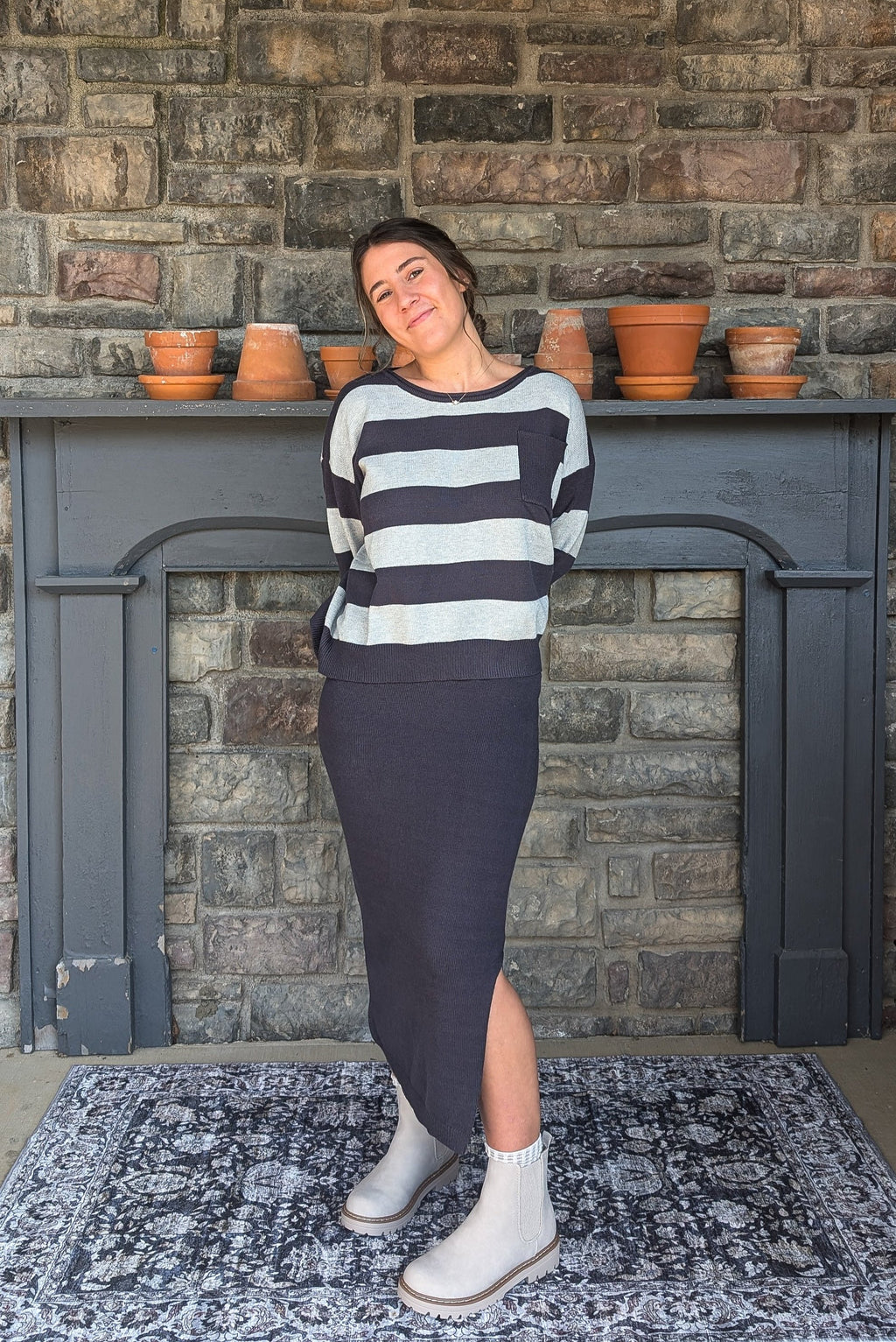 'Suzanne' Stripe Sweater Top in Charcoal