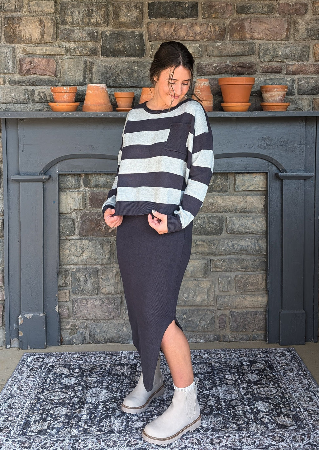 'Suzanne' Stripe Sweater Top in Charcoal