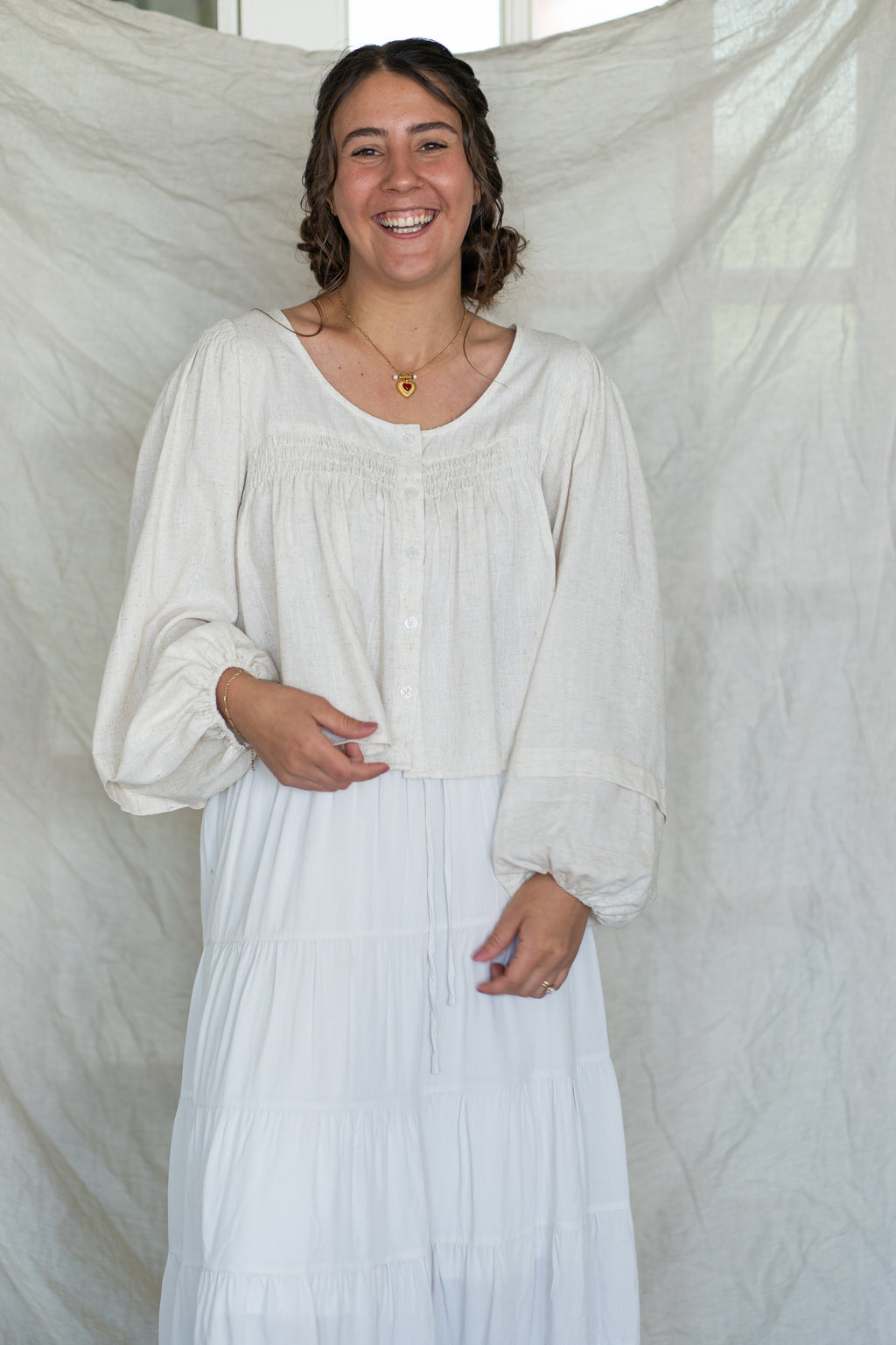 'Frankie' Linen Button up Top in Oat