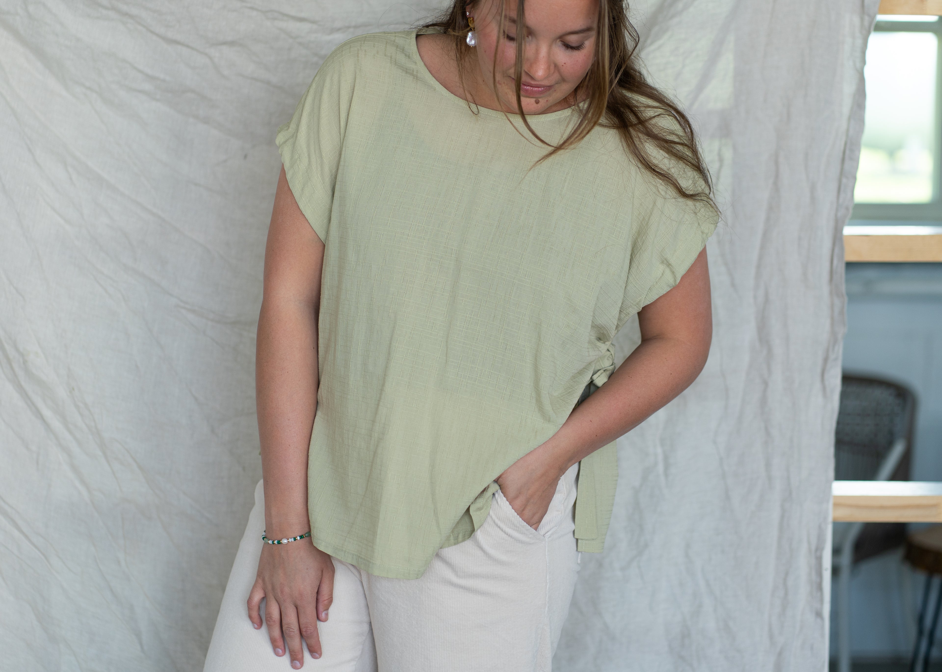 'Palmer' Drawstring Short Sleeve Top in Sage
