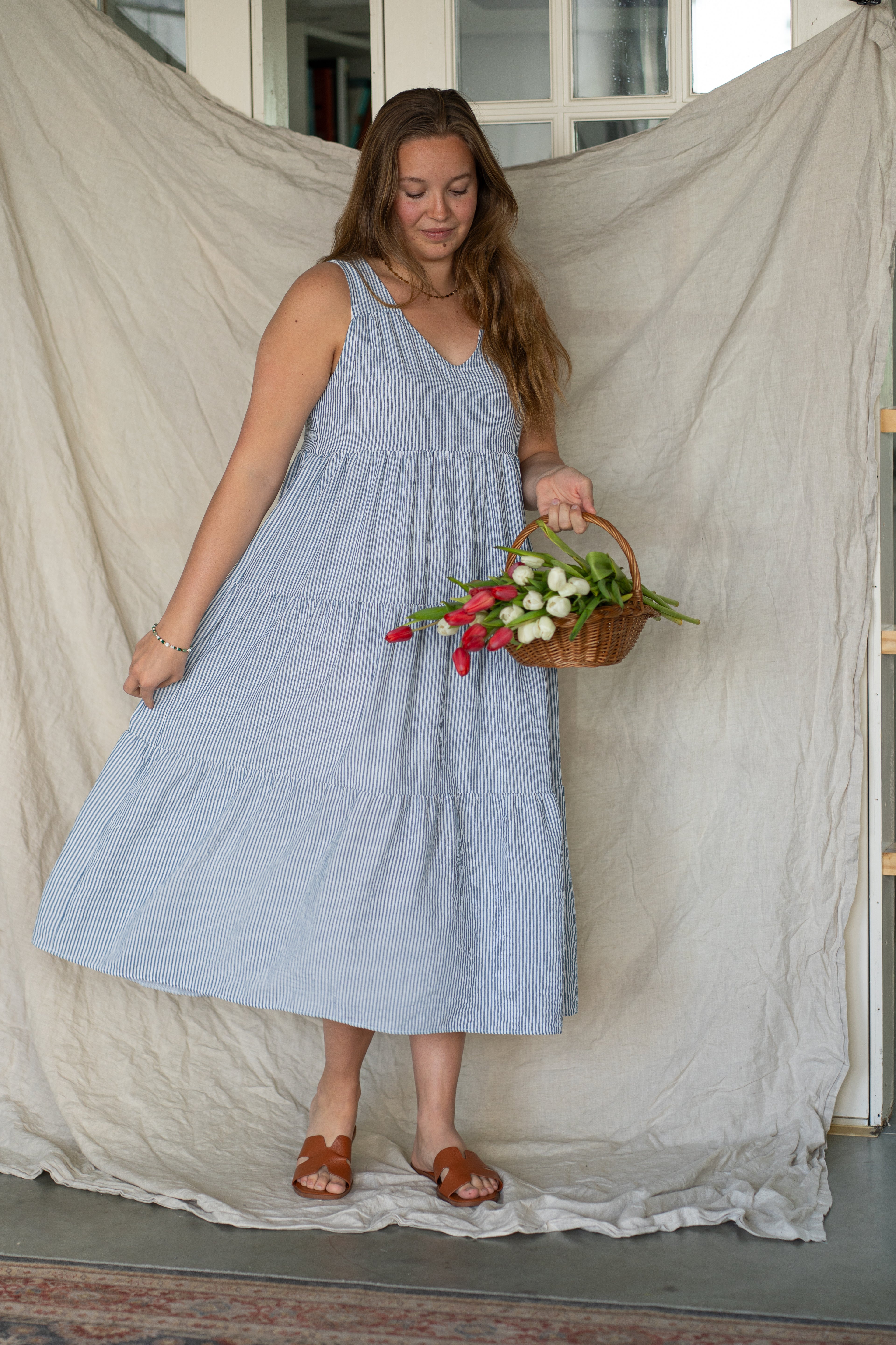 'Wynn' Stripe Midi Dress in Blue/Cream