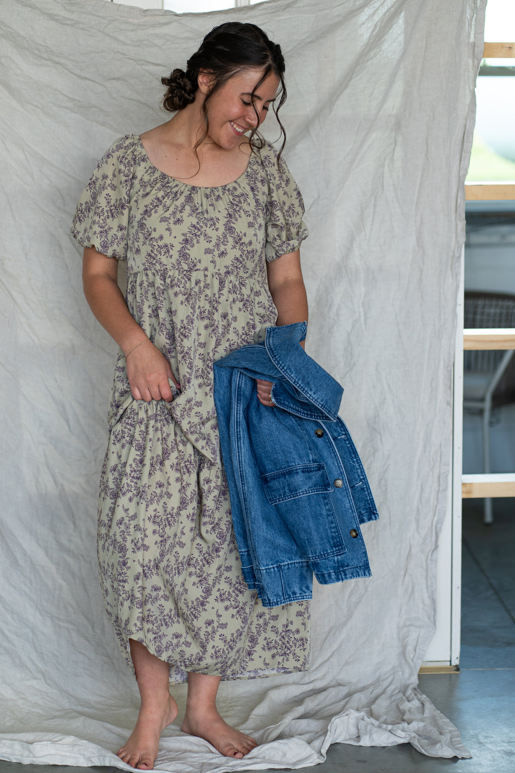 'Mia' Floral Midi Dress in Pale Olive