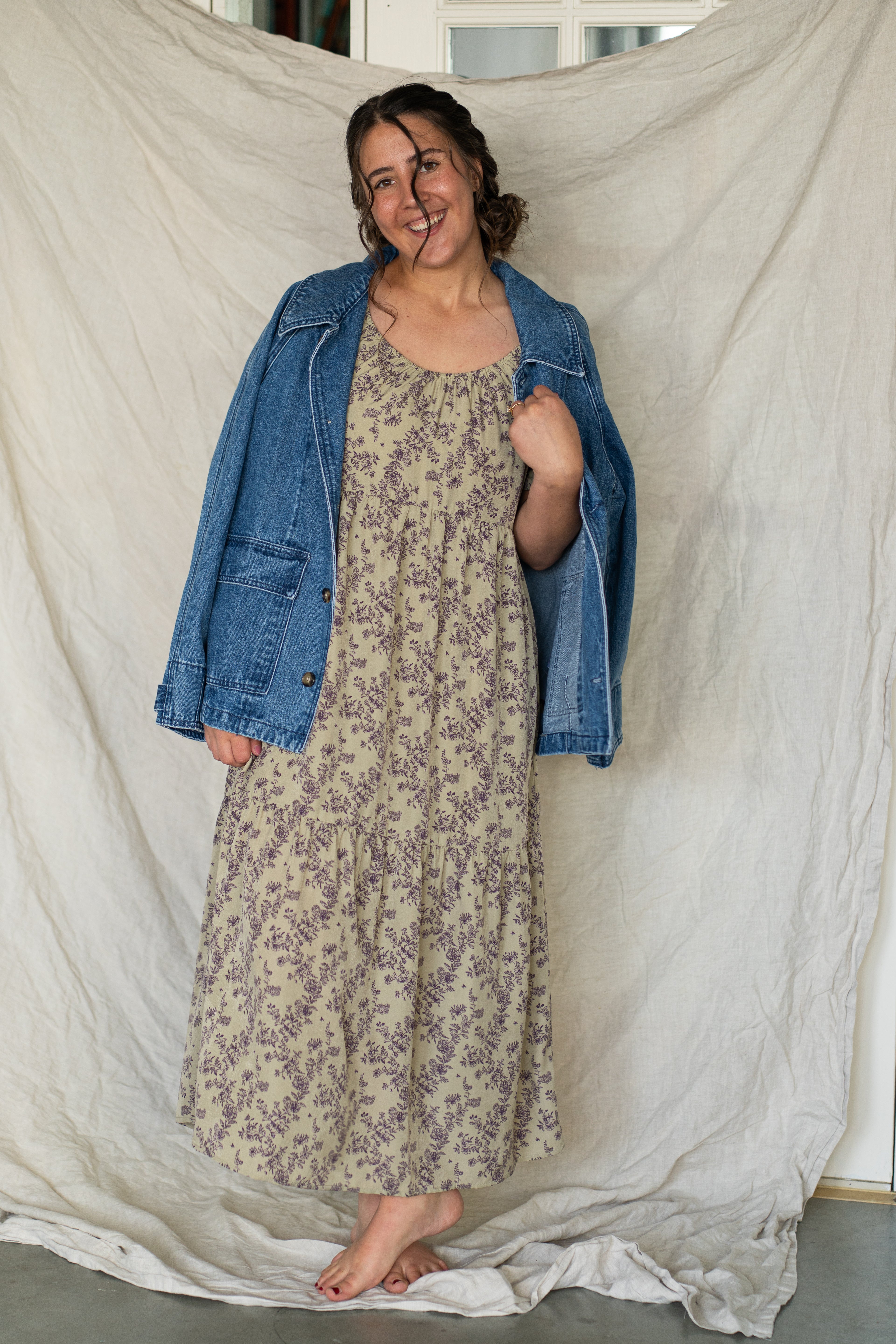 'Mia' Floral Midi Dress in Pale Olive