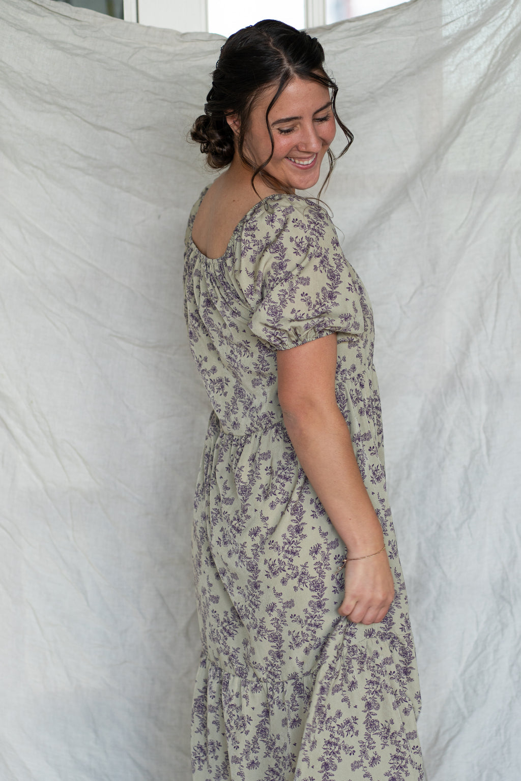 'Mia' Floral Midi Dress in Pale Olive