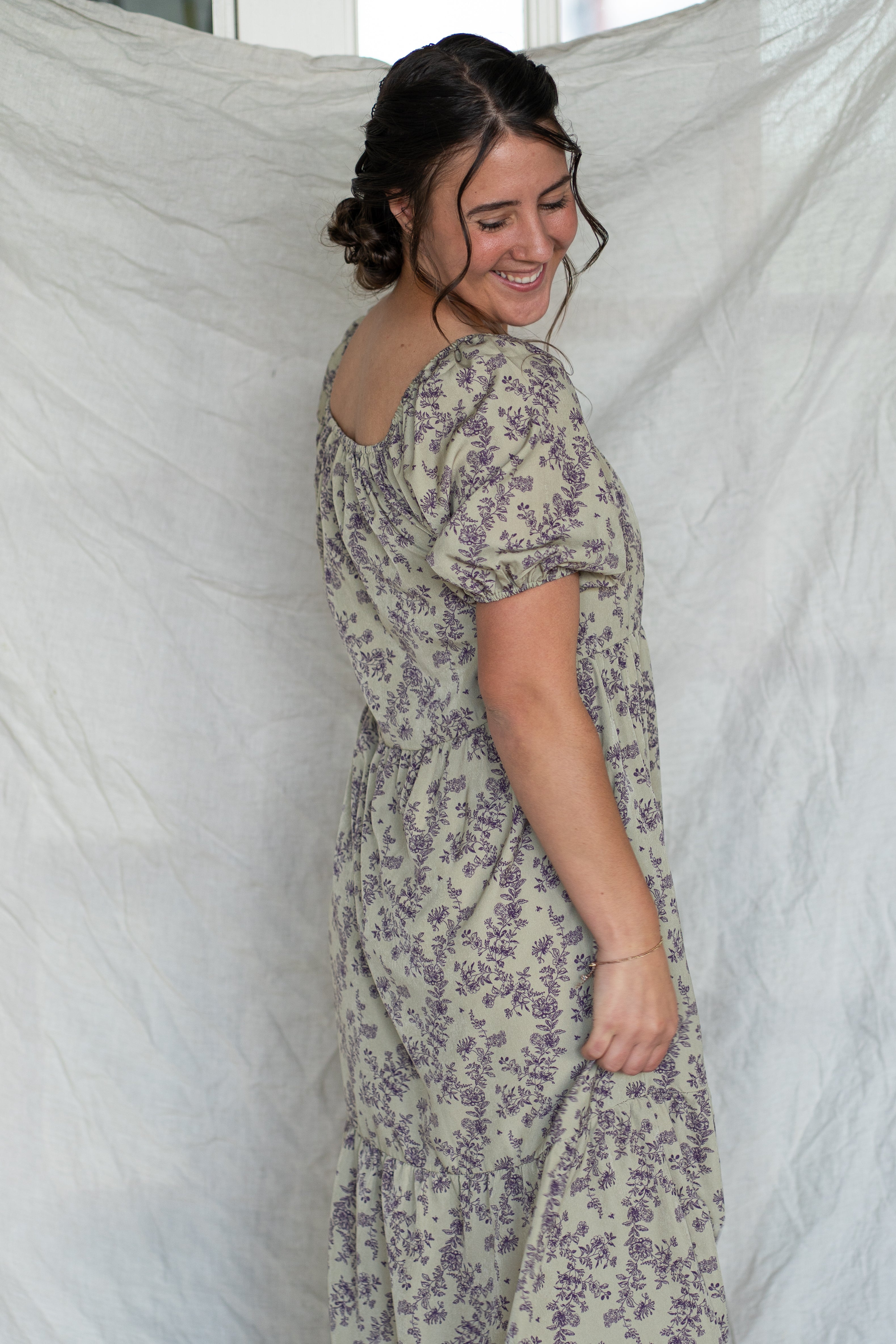 'Mia' Floral Midi Dress in Pale Olive