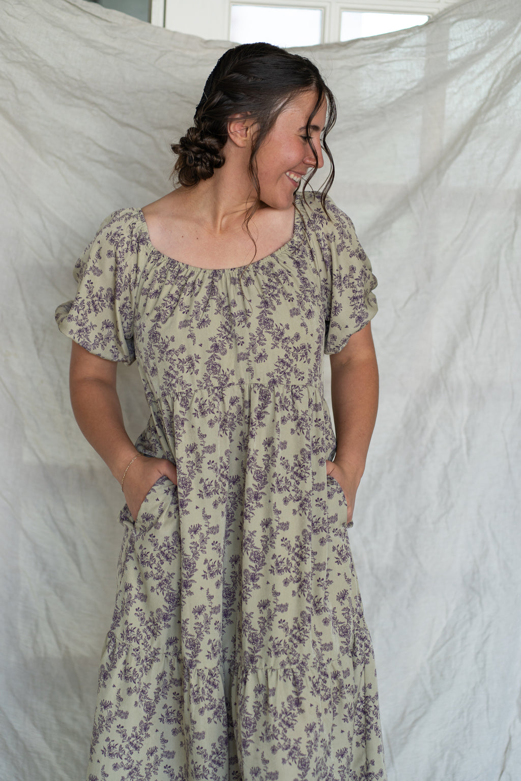 'Mia' Floral Midi Dress in Pale Olive