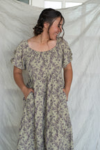 'Mia' Floral Midi Dress in Pale Olive