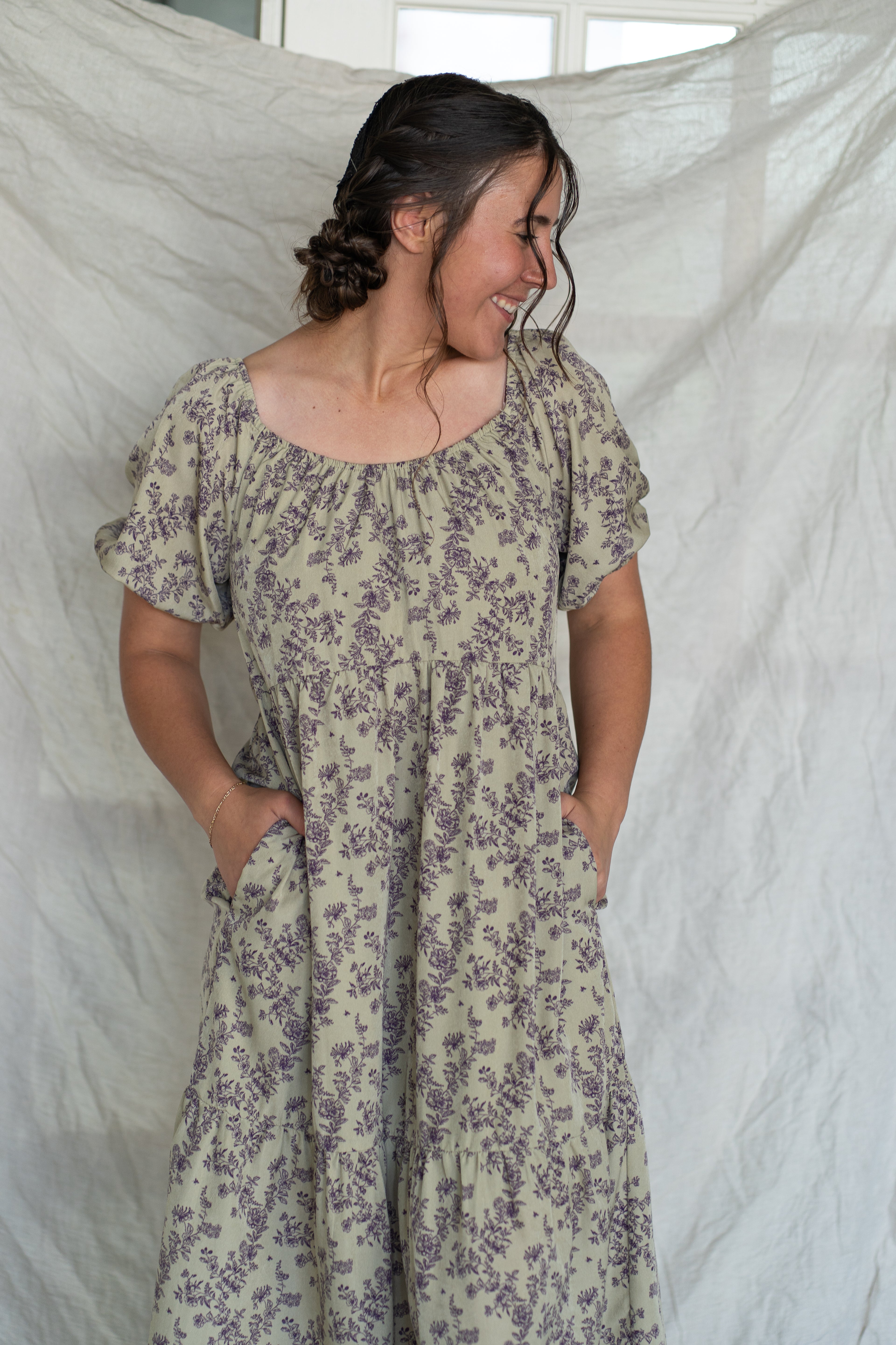 'Mia' Floral Midi Dress in Pale Olive