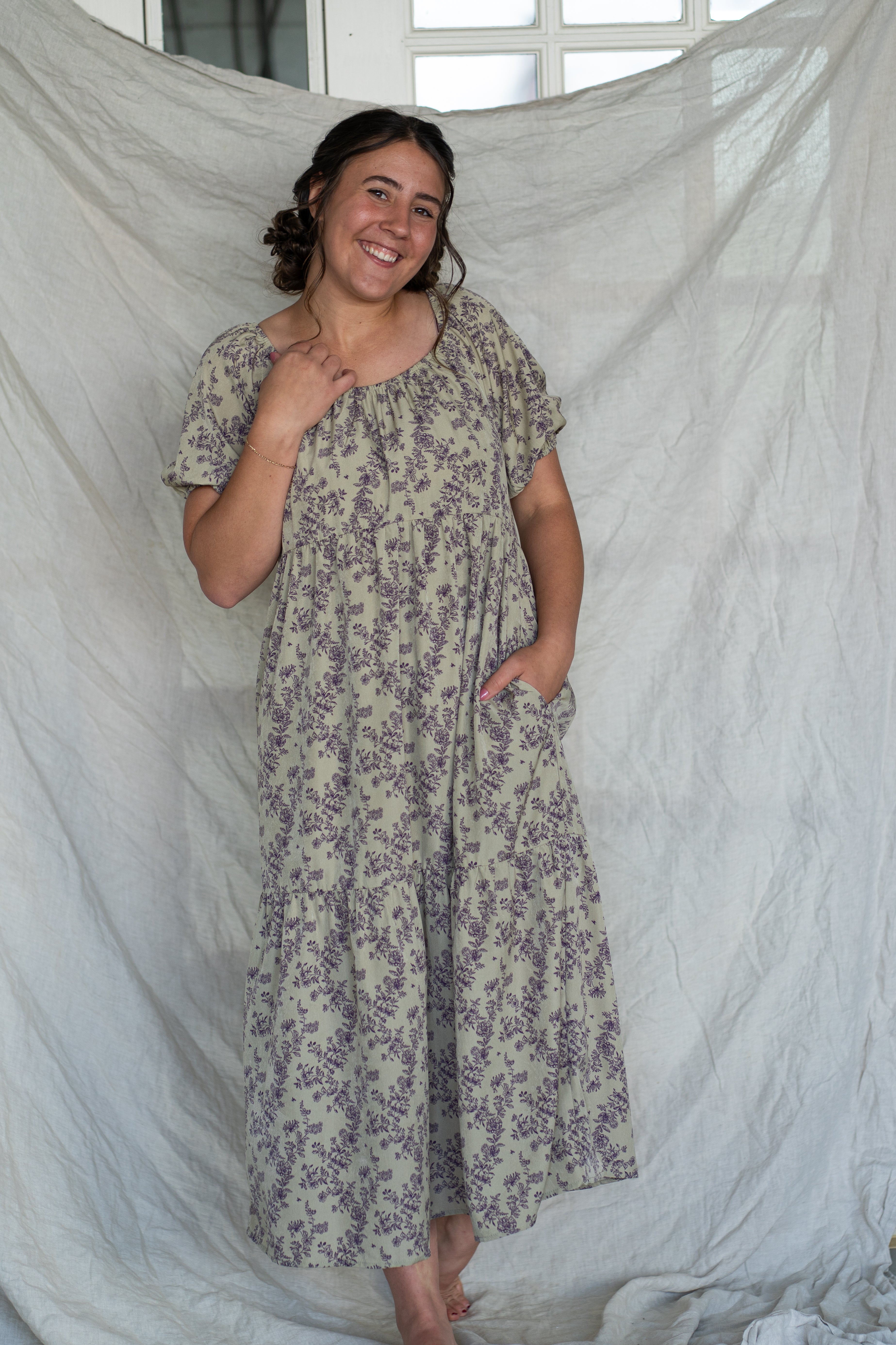 'Mia' Floral Midi Dress in Pale Olive