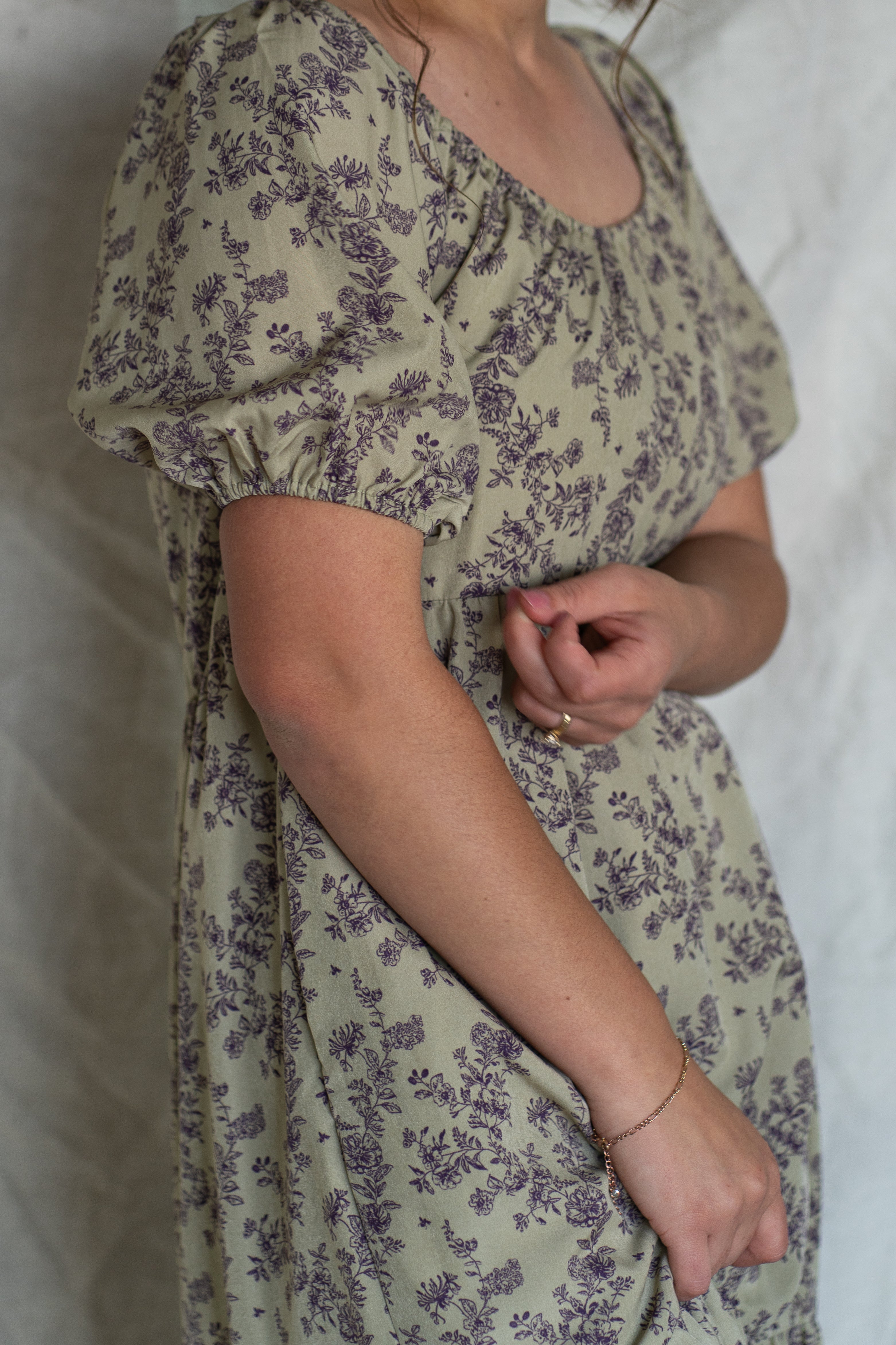 'Mia' Floral Midi Dress in Pale Olive