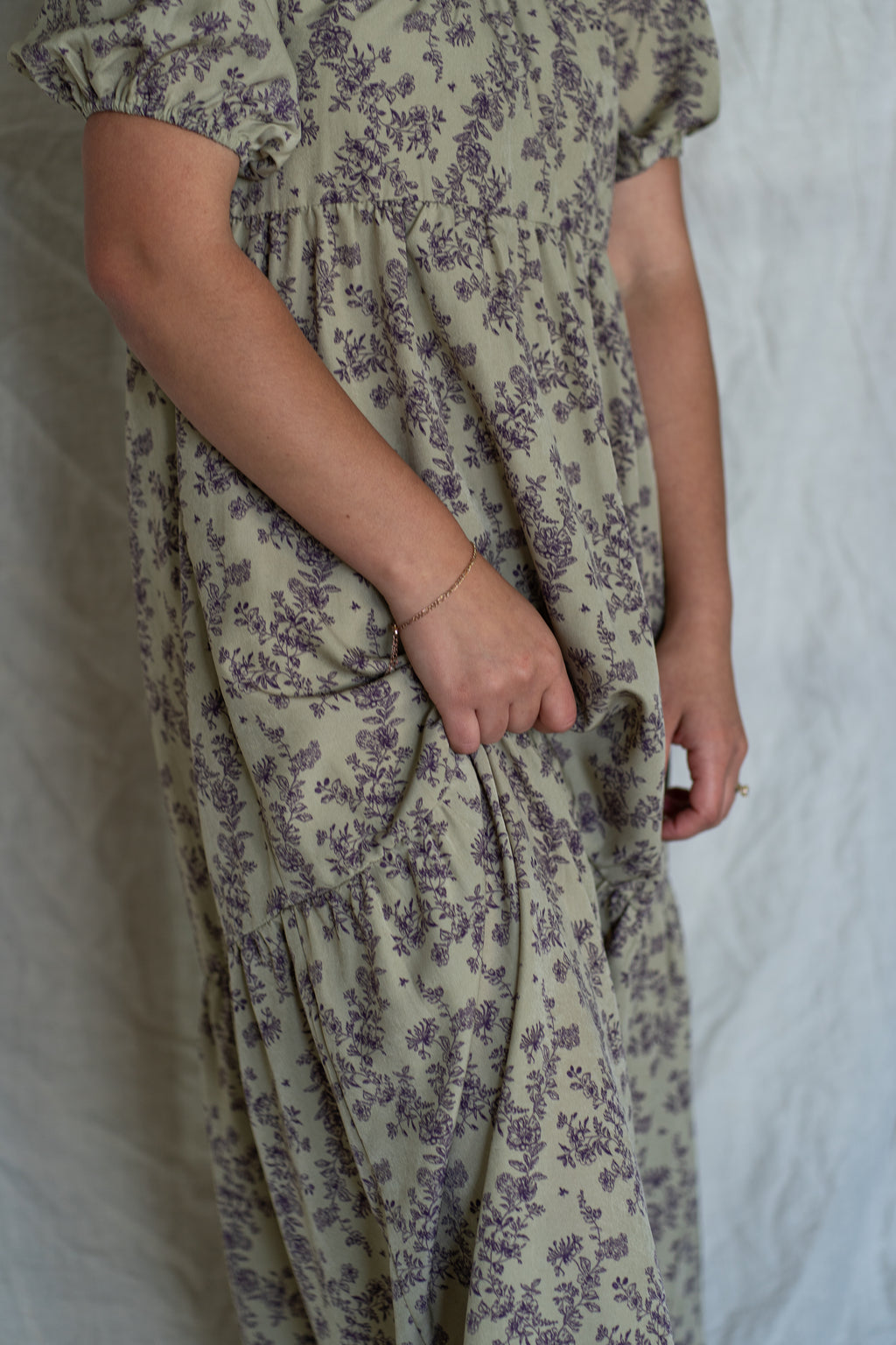 'Mia' Floral Midi Dress in Pale Olive