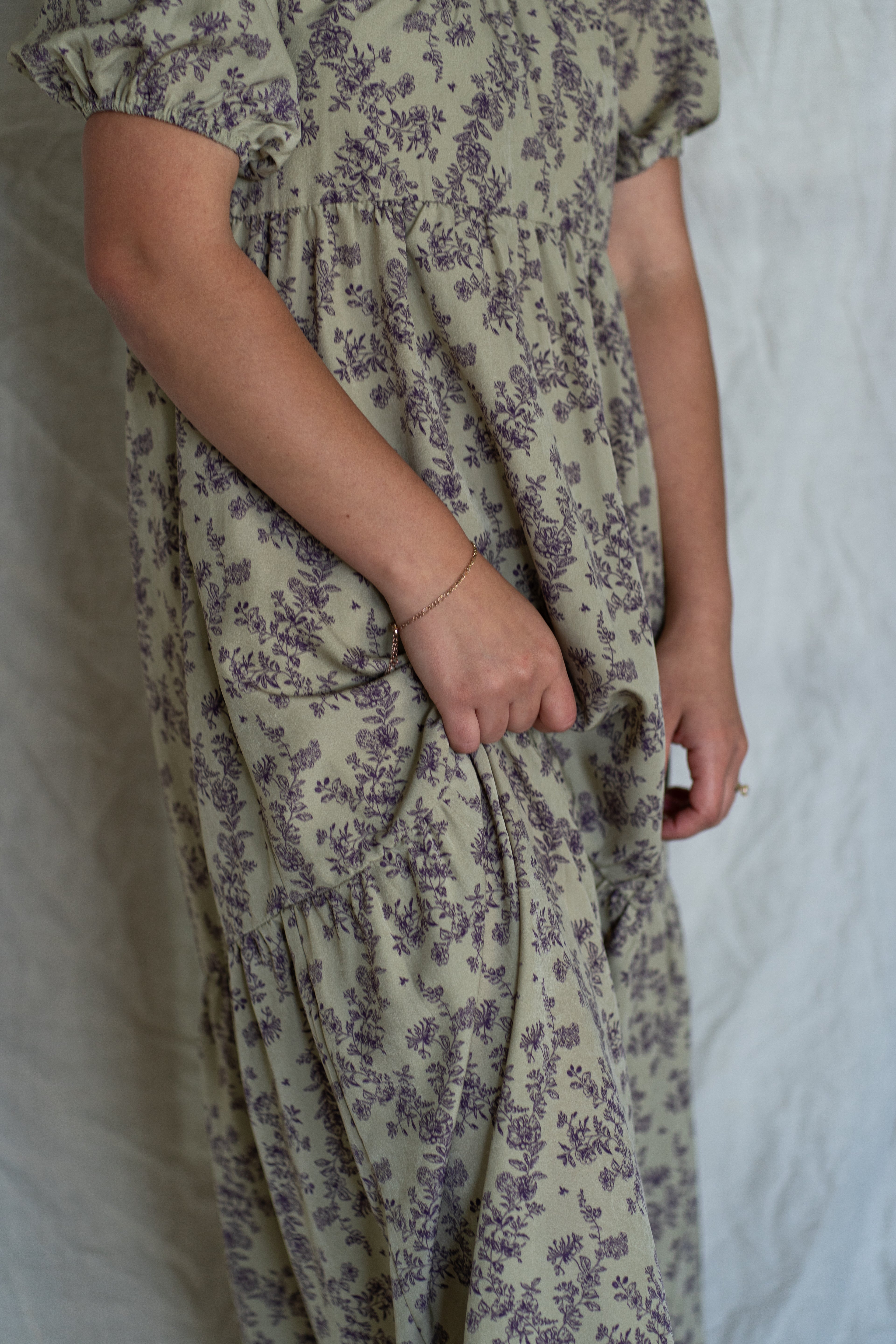 'Mia' Floral Midi Dress in Pale Olive