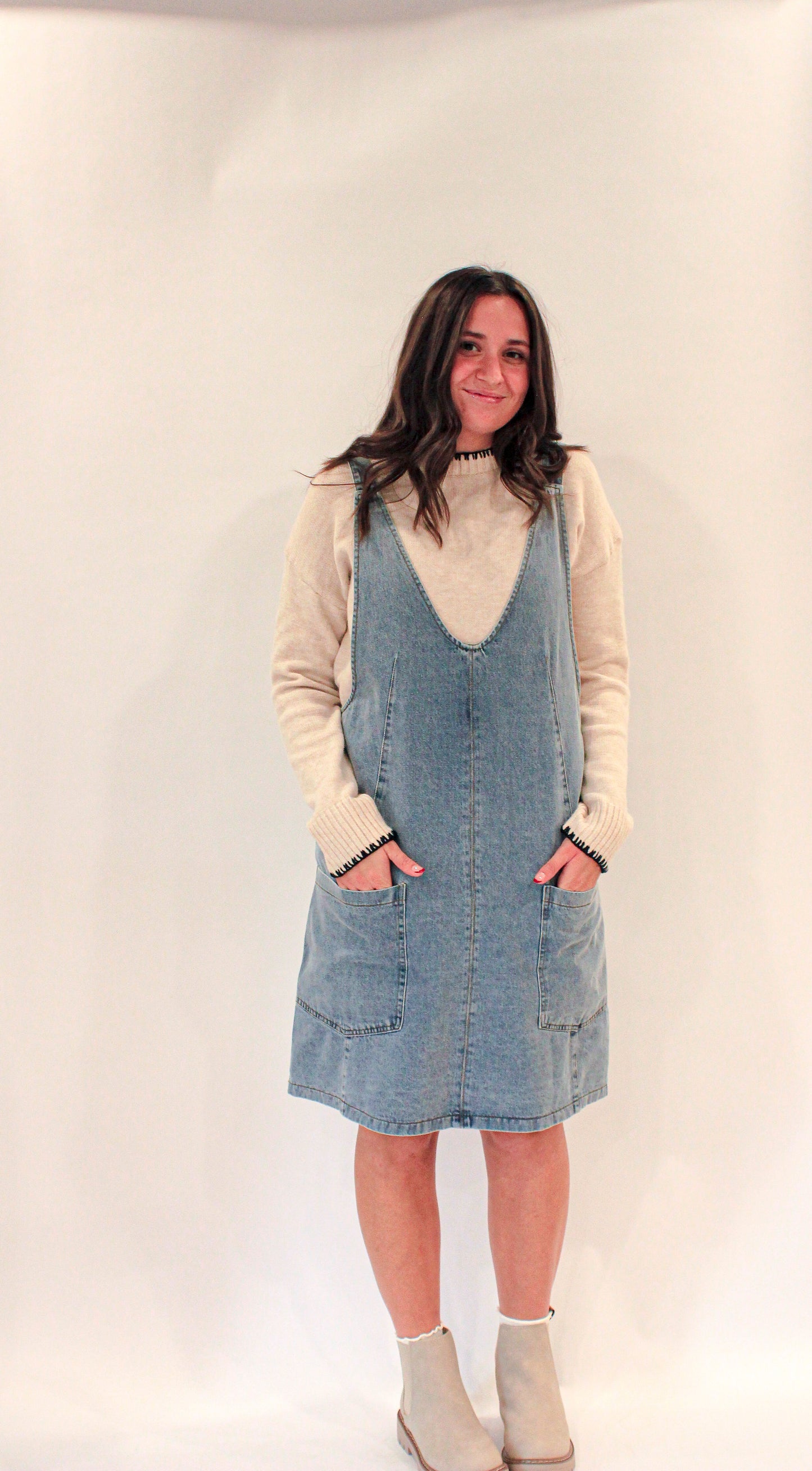 'Everett' Denim Jumper Dress in Light Wash