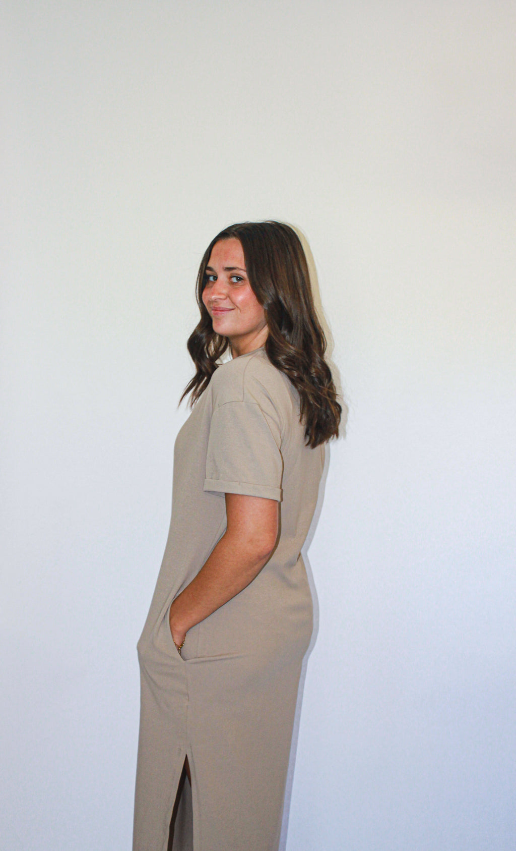 'Jaya' Tee-Shirt Midi Dress in Stone FINAL SALE