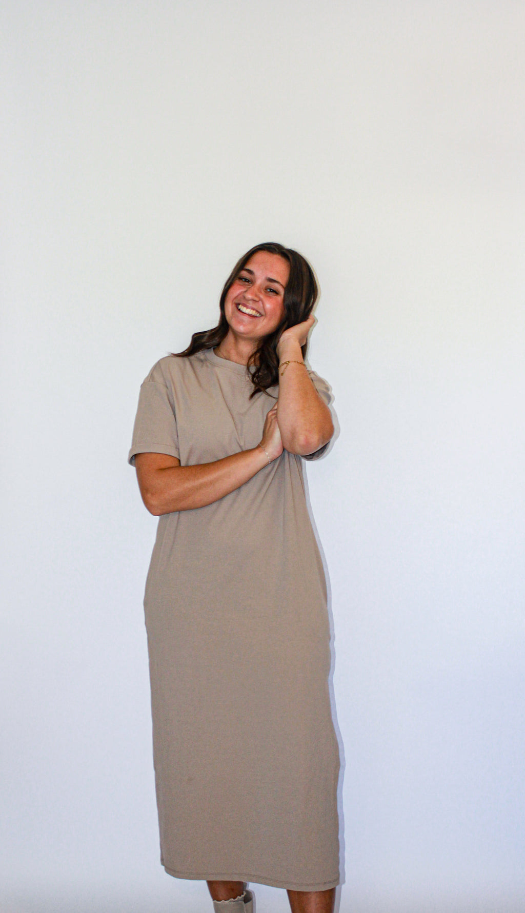 'Jaya' Tee-Shirt Midi Dress in Stone FINAL SALE