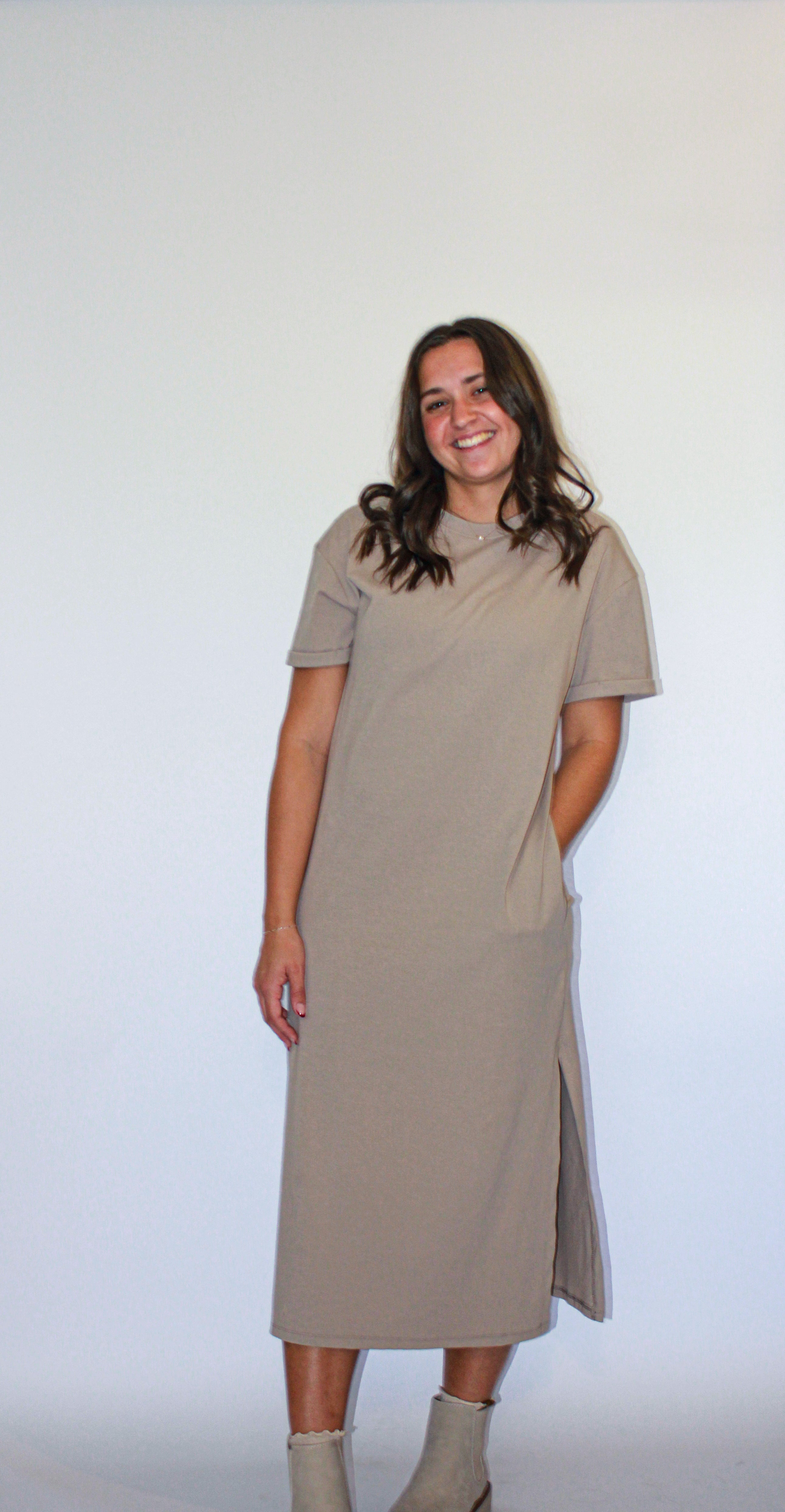 'Jaya' Tee-Shirt Midi Dress in Stone FINAL SALE