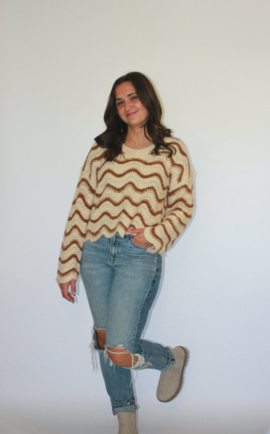 Port Wavy Crochet Sweater Top in Oatmeal