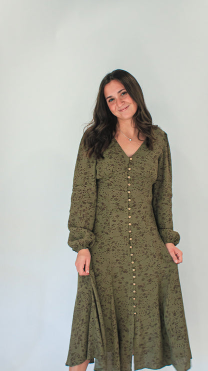 Elizabeth Button Down Midi Dress in Olive