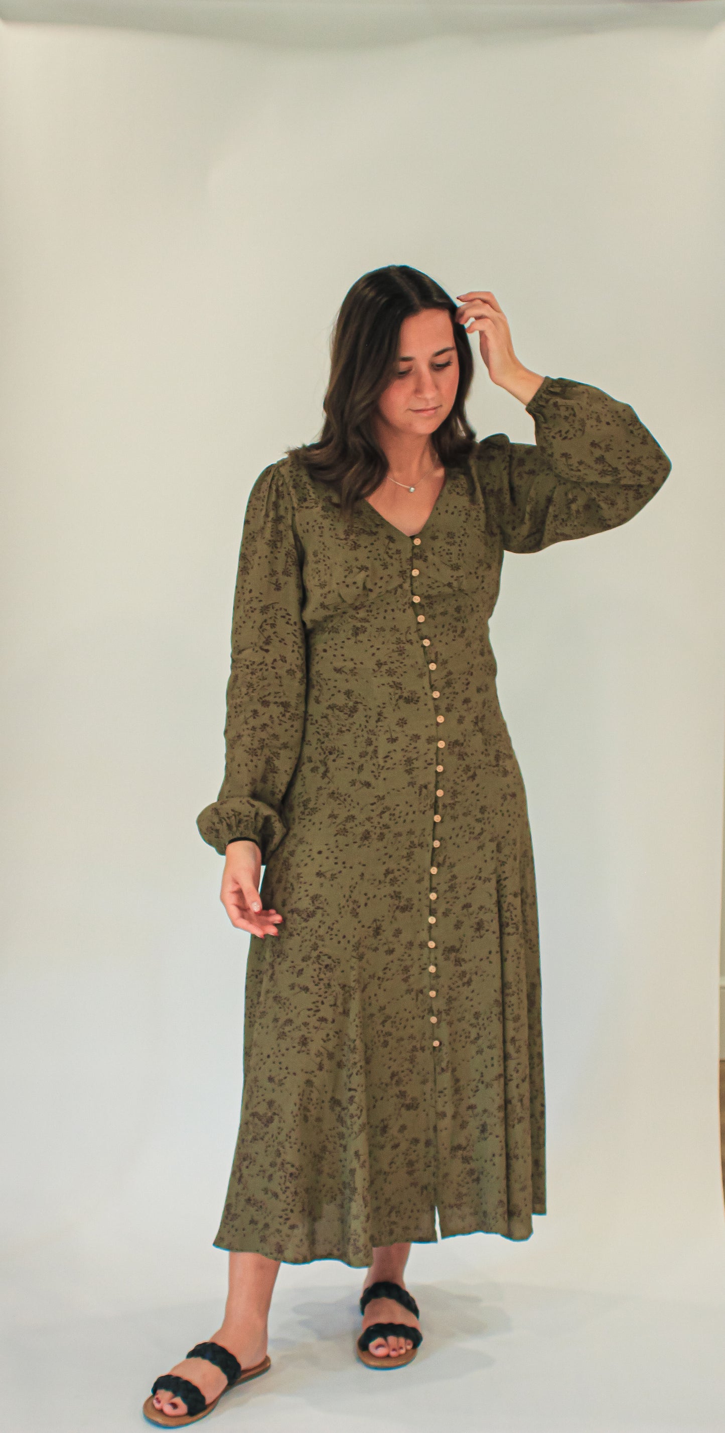 Elizabeth Button Down Midi Dress in Olive