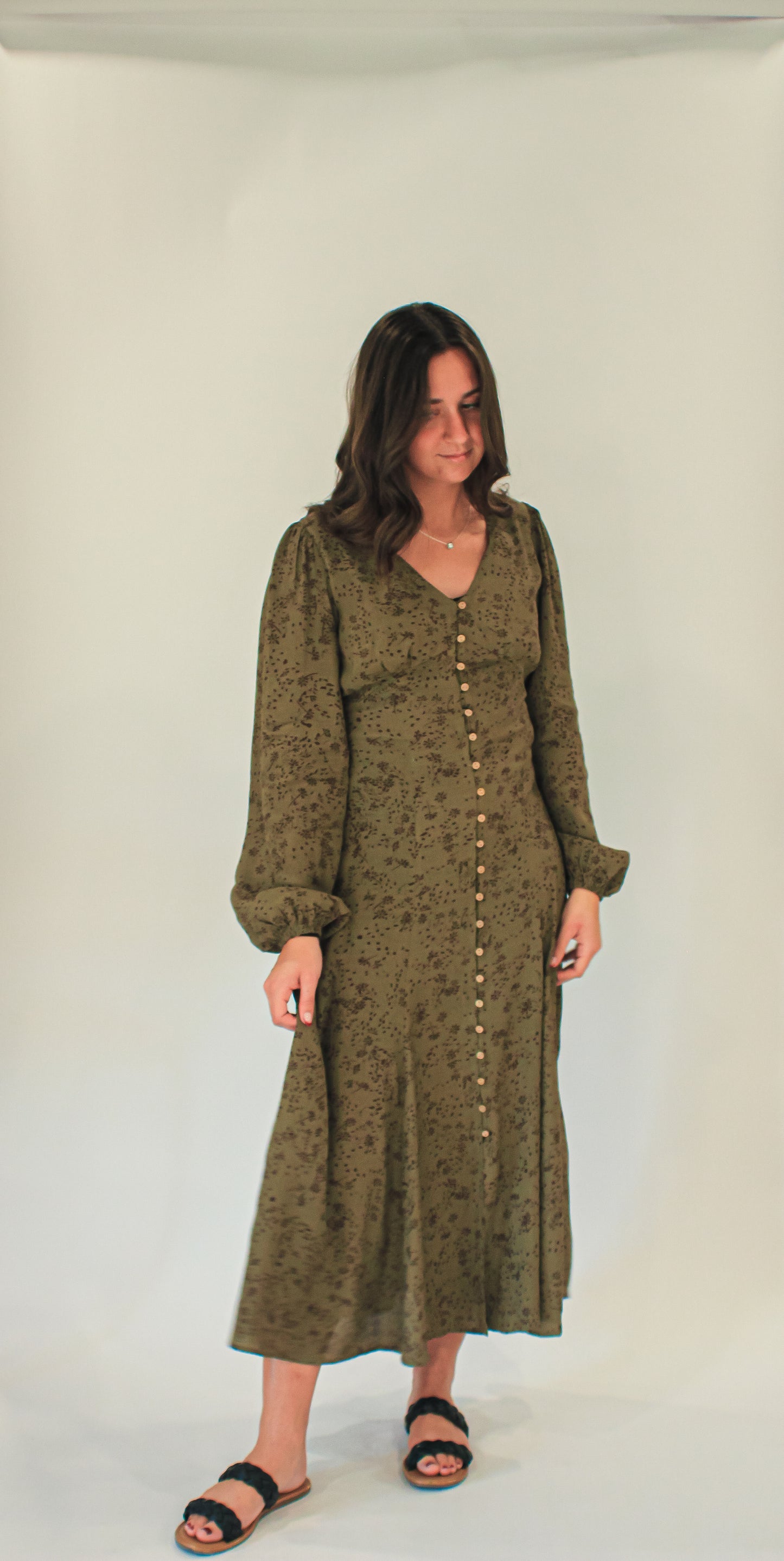 Elizabeth Button Down Midi Dress in Olive