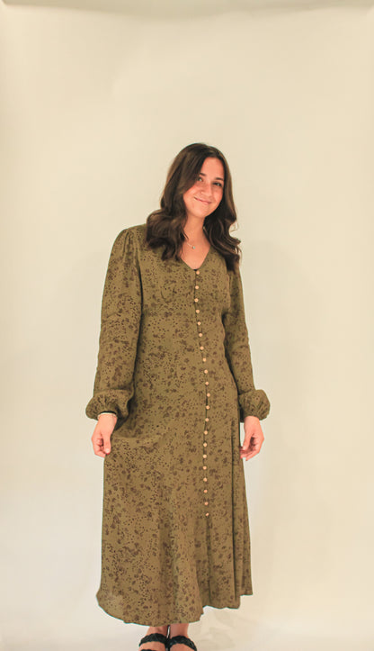 Elizabeth Button Down Midi Dress in Olive