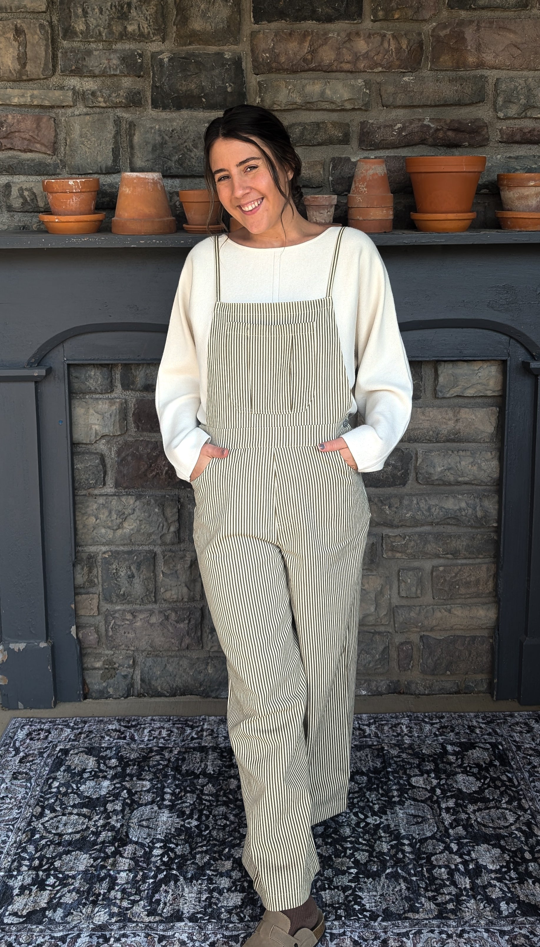 'Prescott' Stripe Overalls in Olive Green