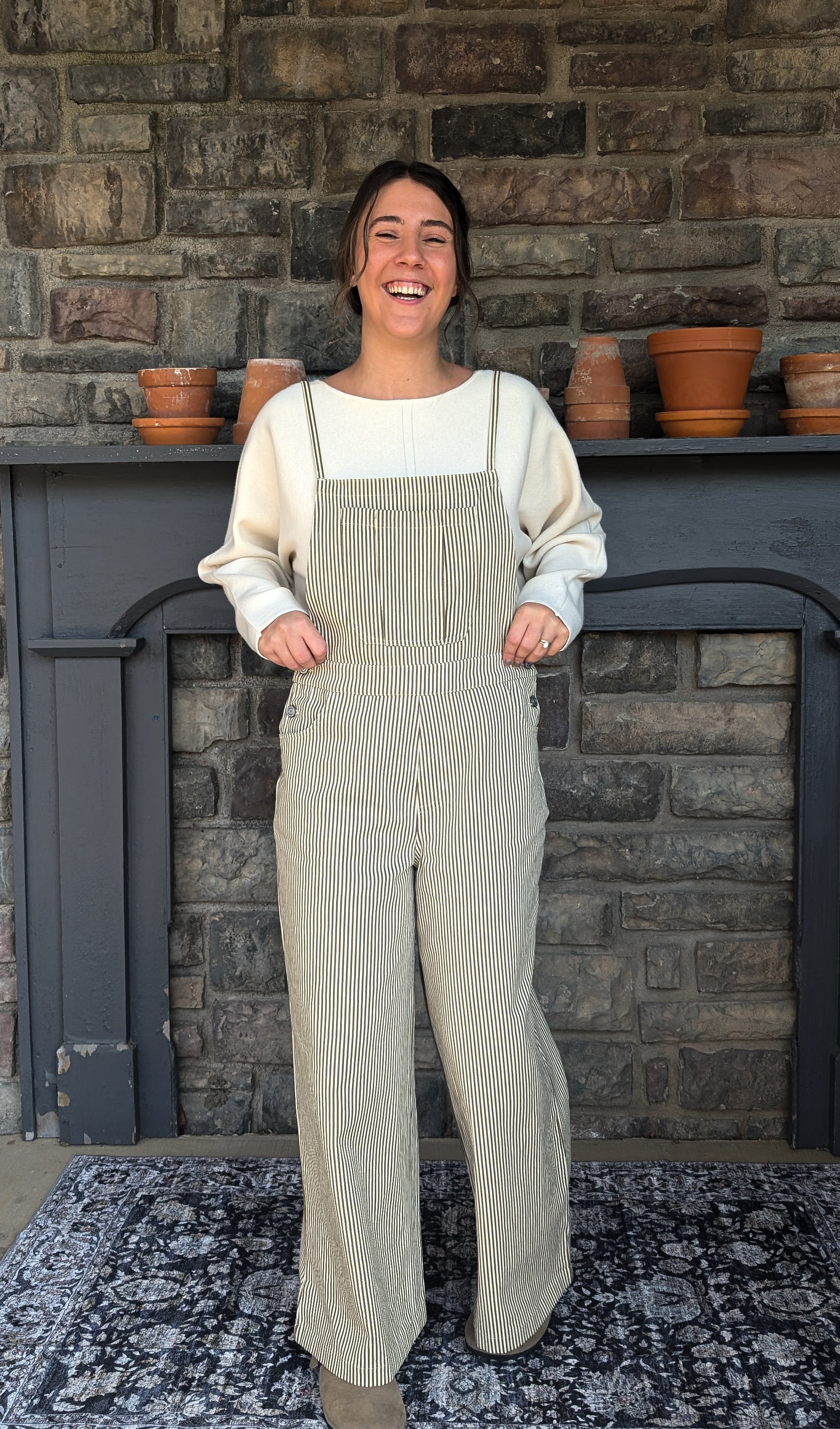 'Prescott' Stripe Overalls in Olive Green