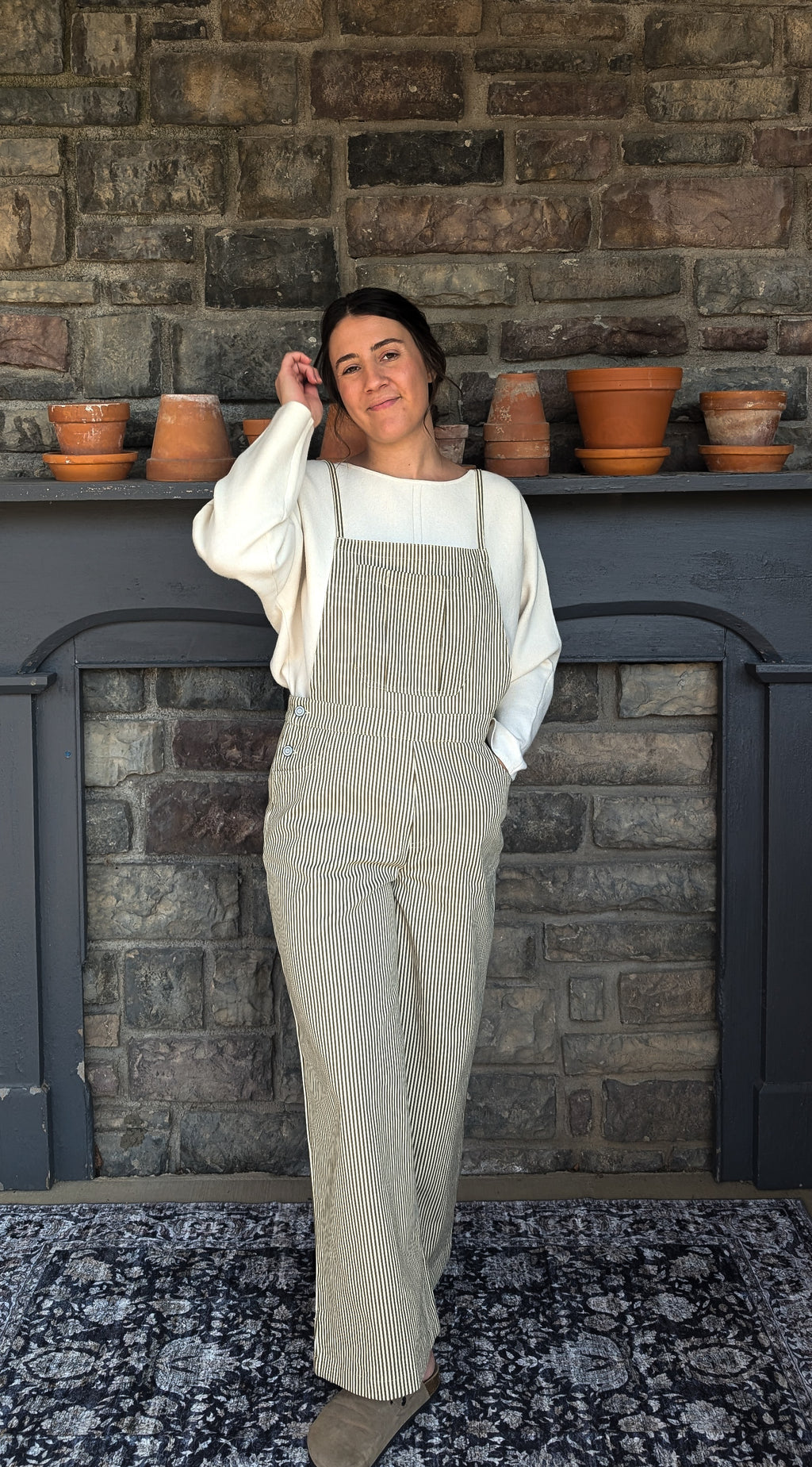 'Prescott' Stripe Overalls in Olive Green