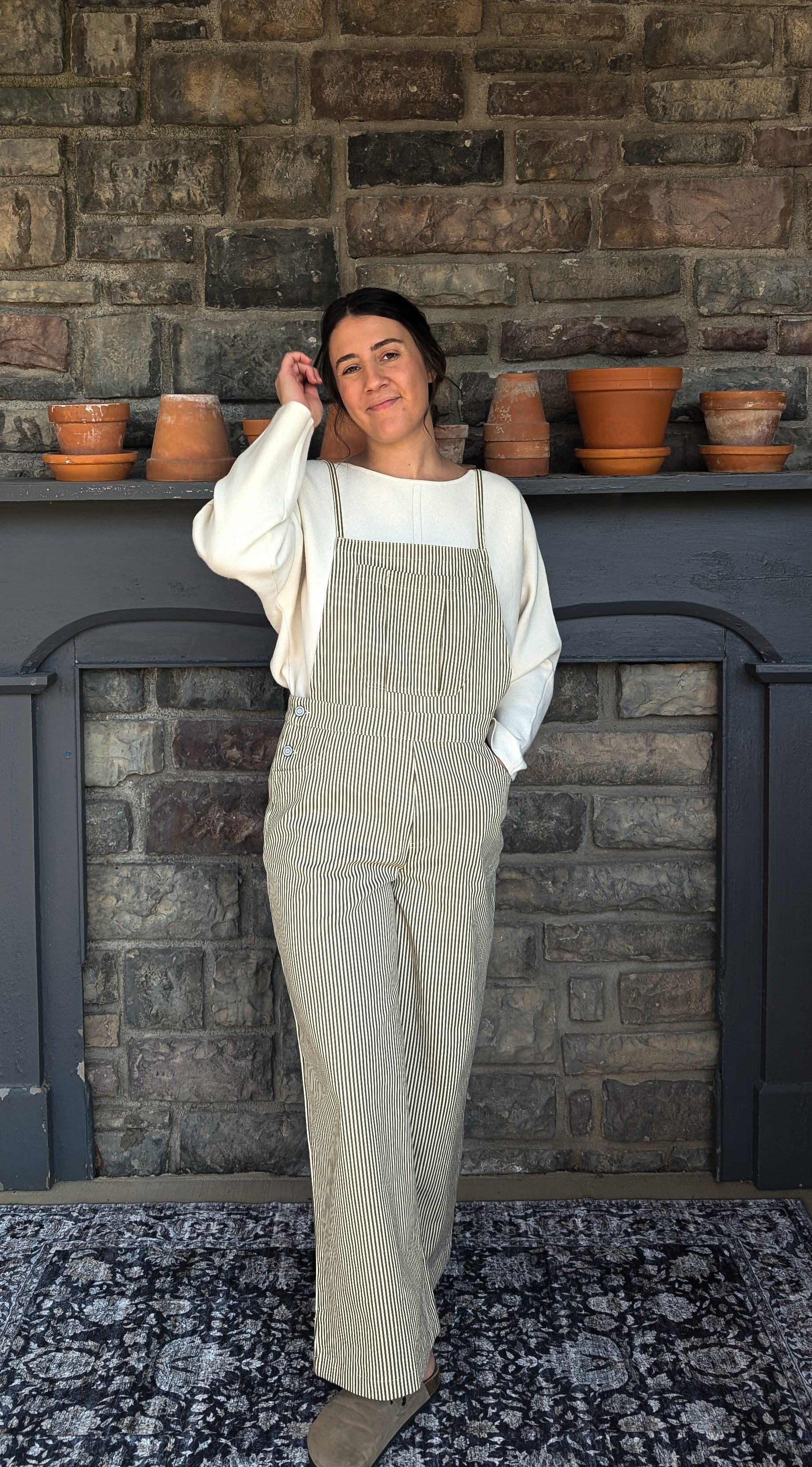 'Prescott' Stripe Overalls in Olive Green