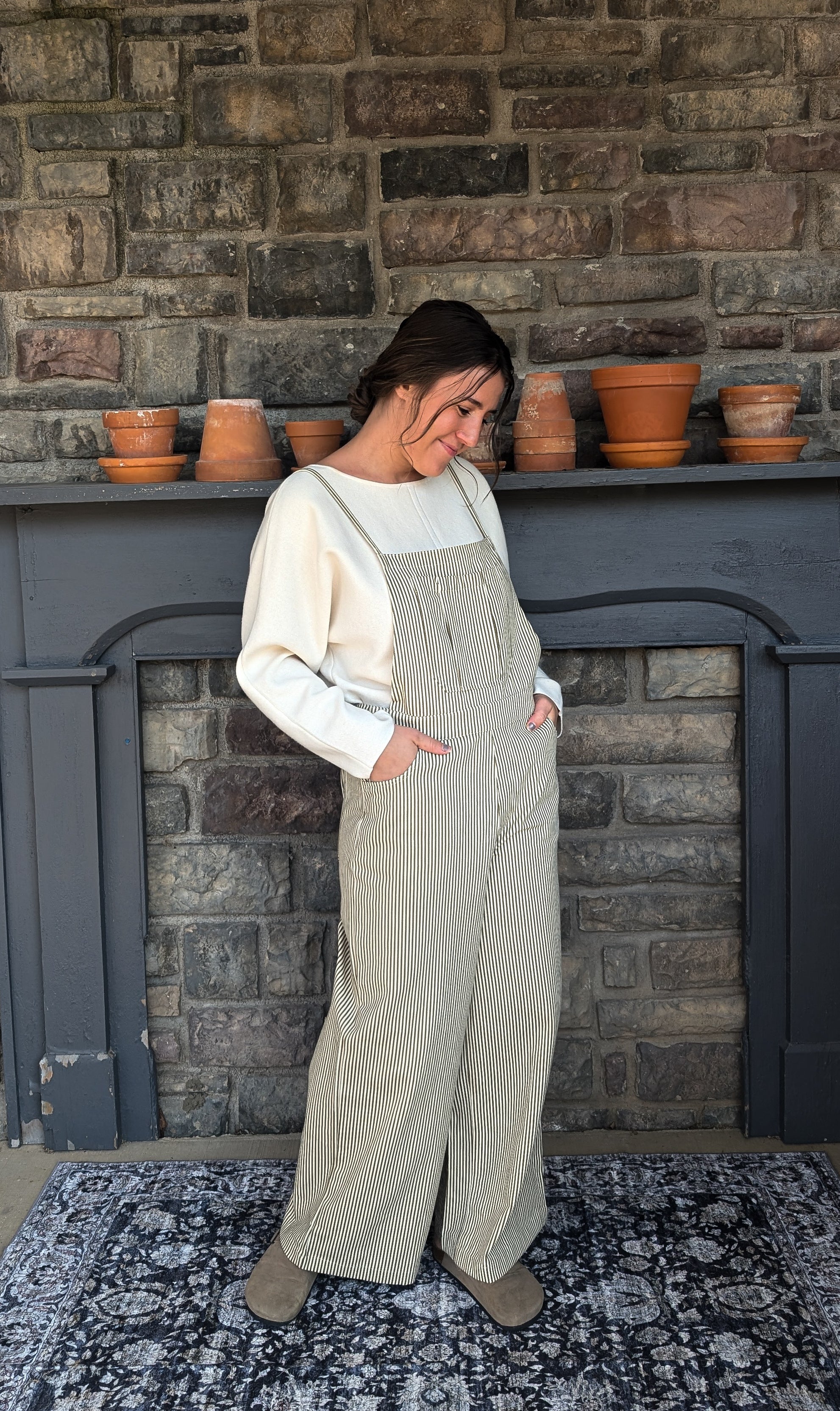 'Prescott' Stripe Overalls in Olive Green