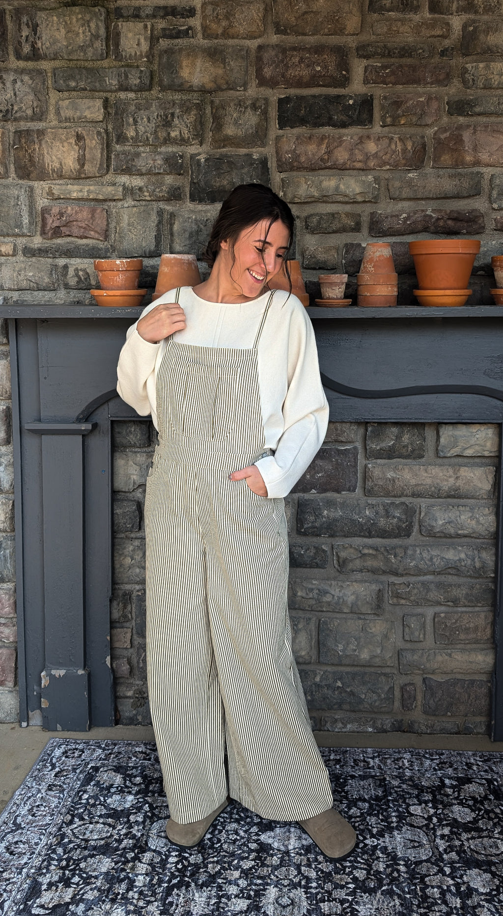 'Prescott' Stripe Overalls in Olive Green